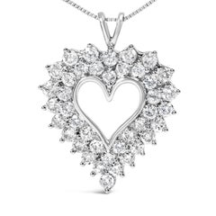 .925 Sterling Silver 4.0 Carat Diamond Two Row Open Heart Pendant Necklace