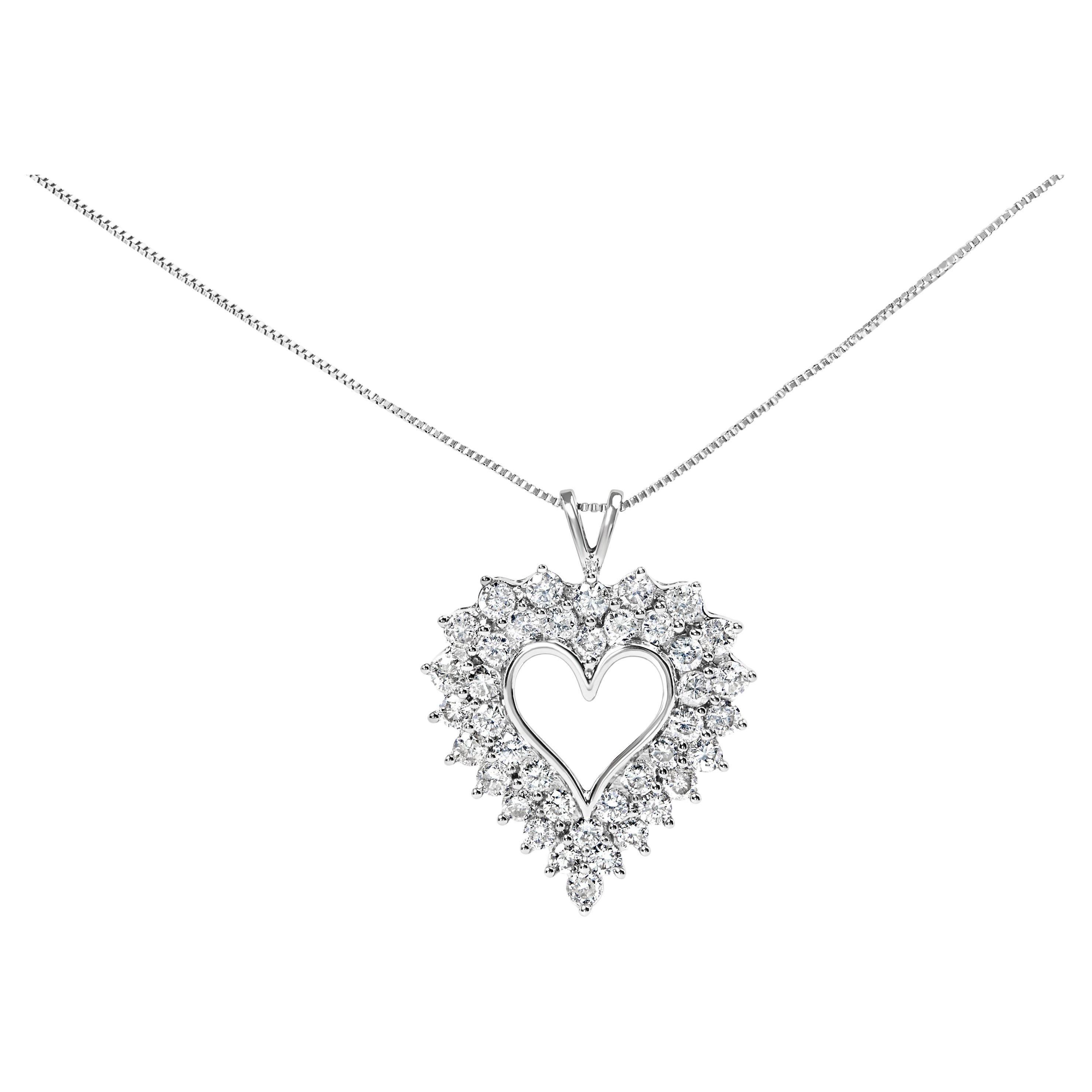 .925 Sterling Silver 4.0 Carat Diamond Two Row Open Heart Pendant Necklace