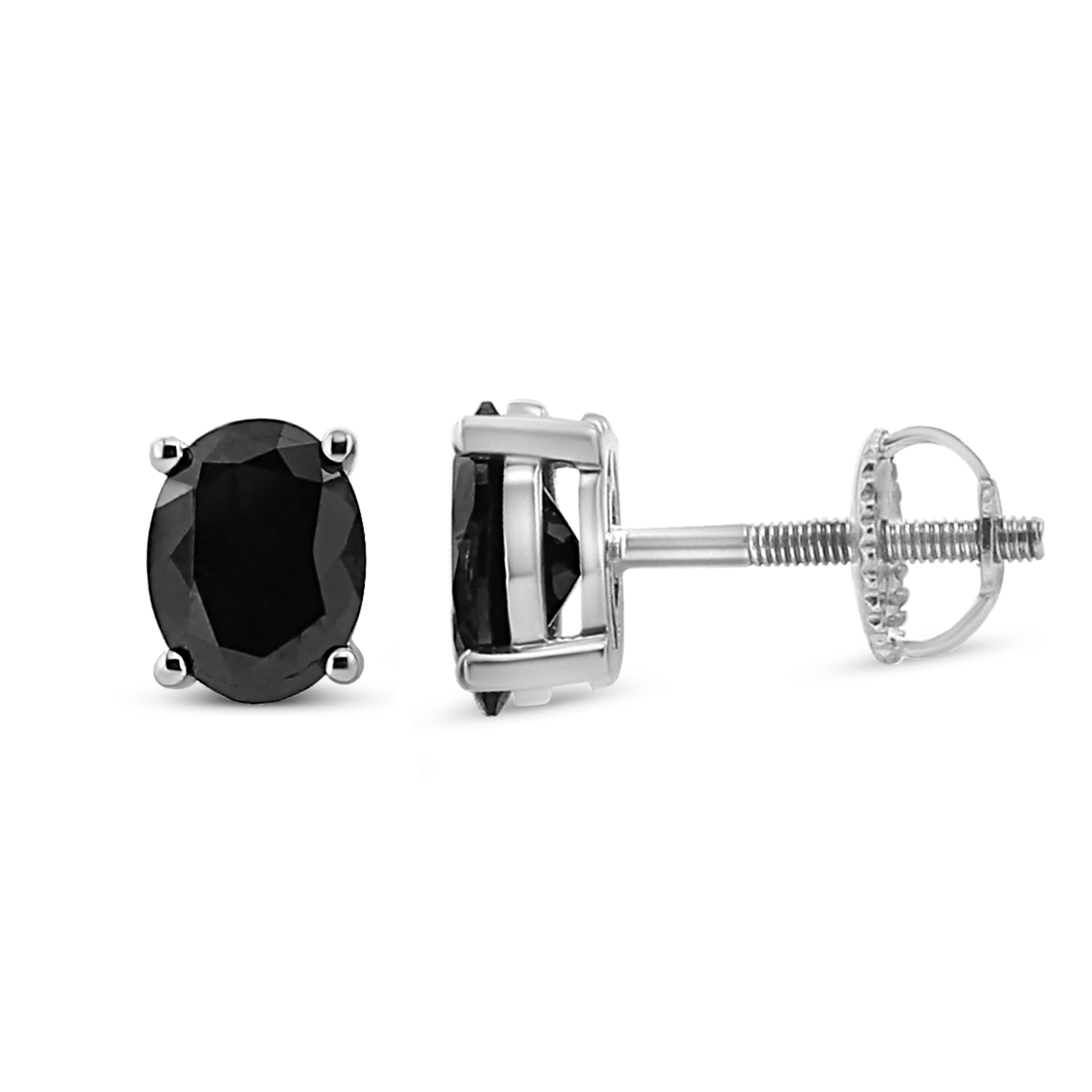 .925 Sterling Silver 4.0 Carat Prong Set Treated Black Oval Diamond Stud Earring 1