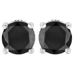 .925 Sterling Silver 4.0 Carat Round Black Diamond Classic 4-Prong Stud Earrings