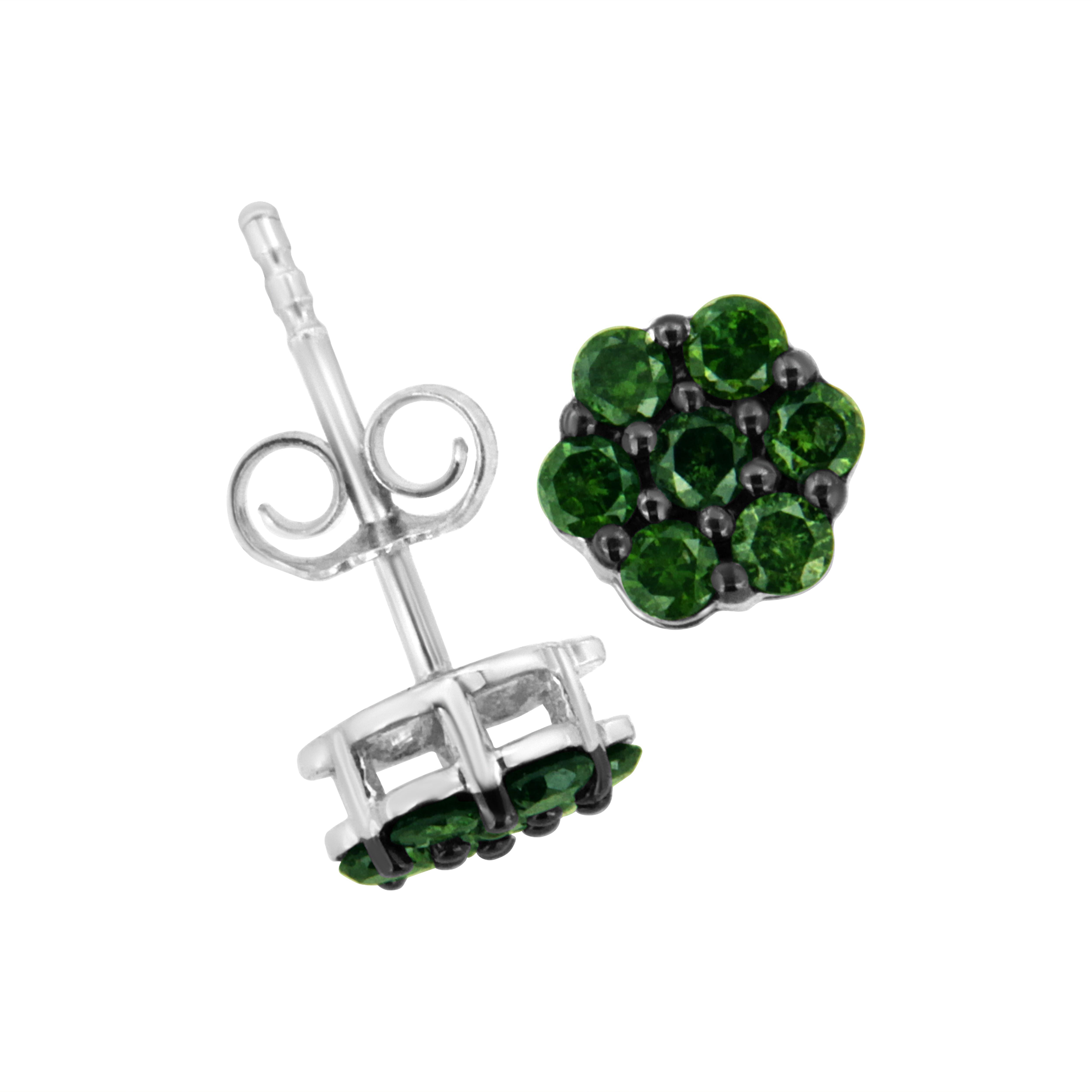 Round Cut .925 Sterling Silver 4.0 Carat Treated Green Diamond Floral Cluster Stud Earring For Sale