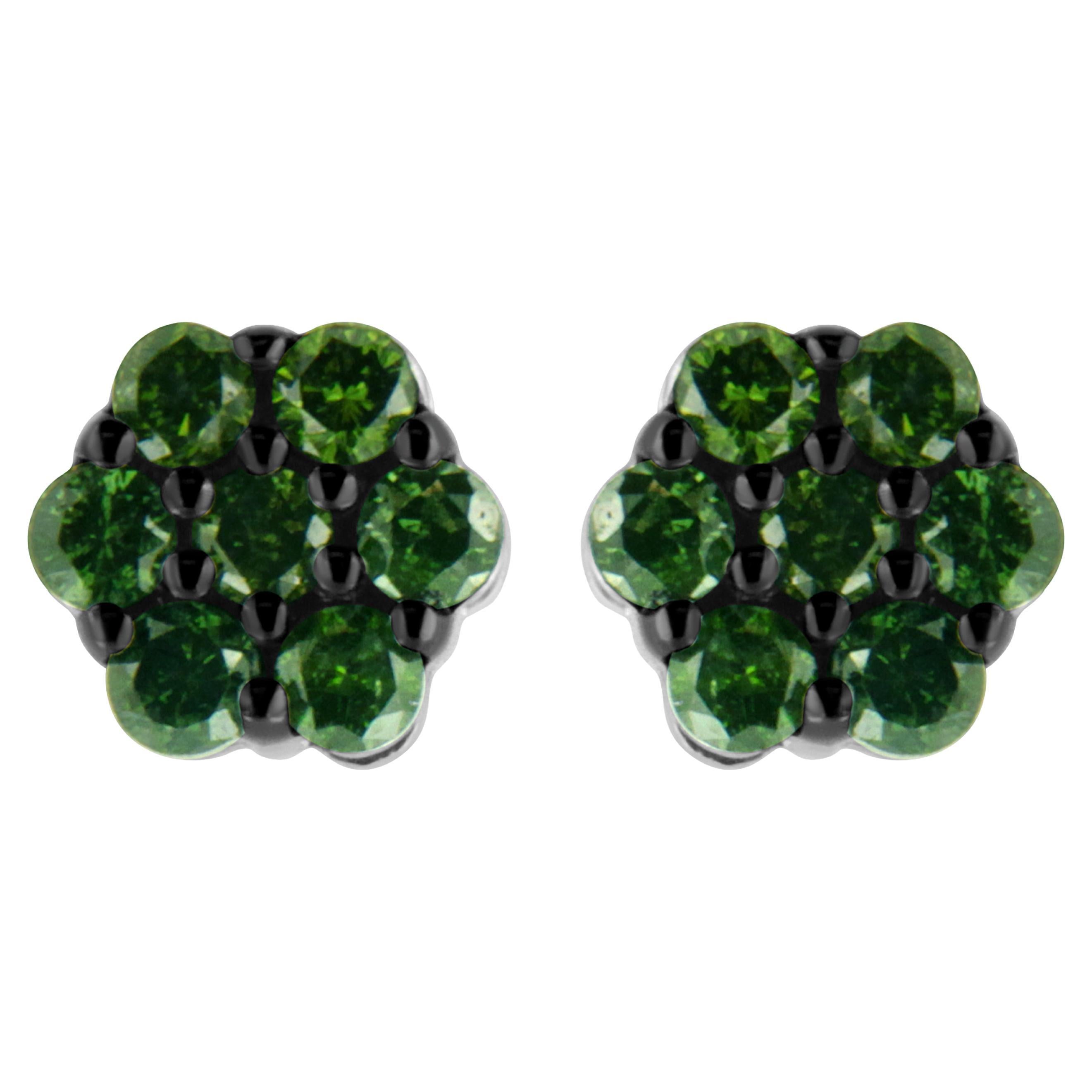 .925 Sterling Silver 4.0 Carat Treated Green Diamond Floral Cluster Stud Earring For Sale