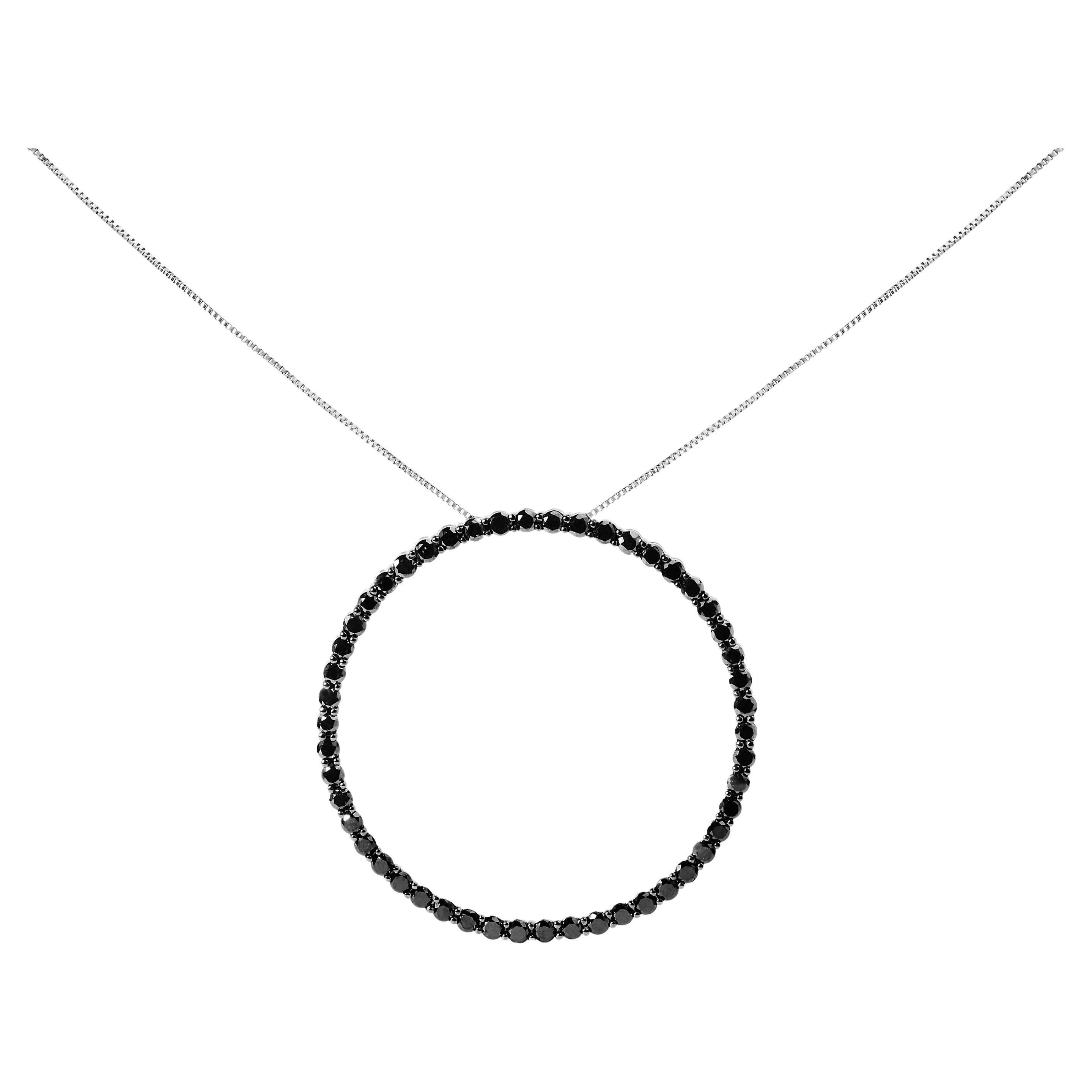 .925 Sterling Silver 4.0 Cttw Black Diamond Open Hoop Circle Pendant Necklace