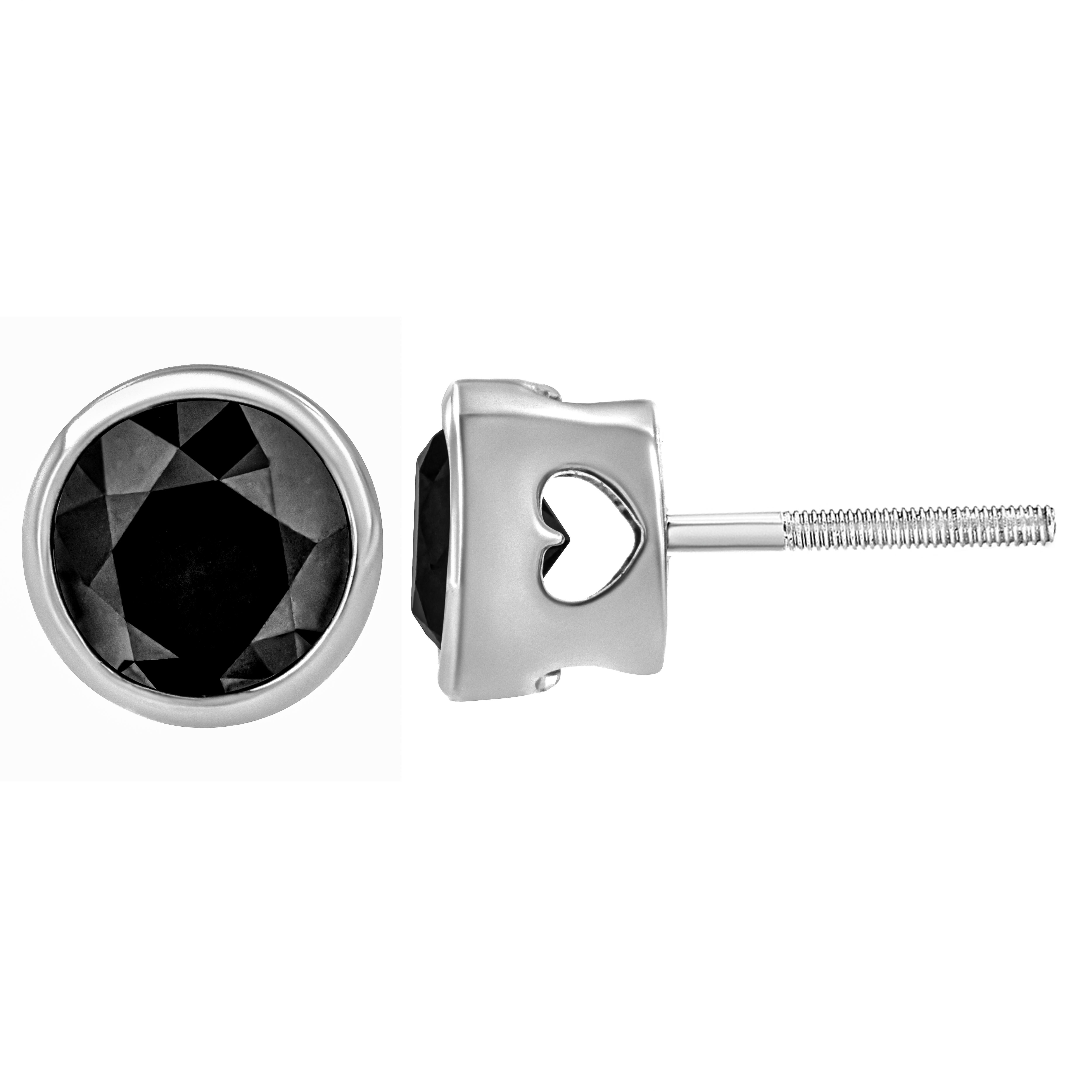 Contemporary .925 Sterling Silver 4.00 Carat Round-Cut Black Diamond Bezel-Set Stud Earrings For Sale