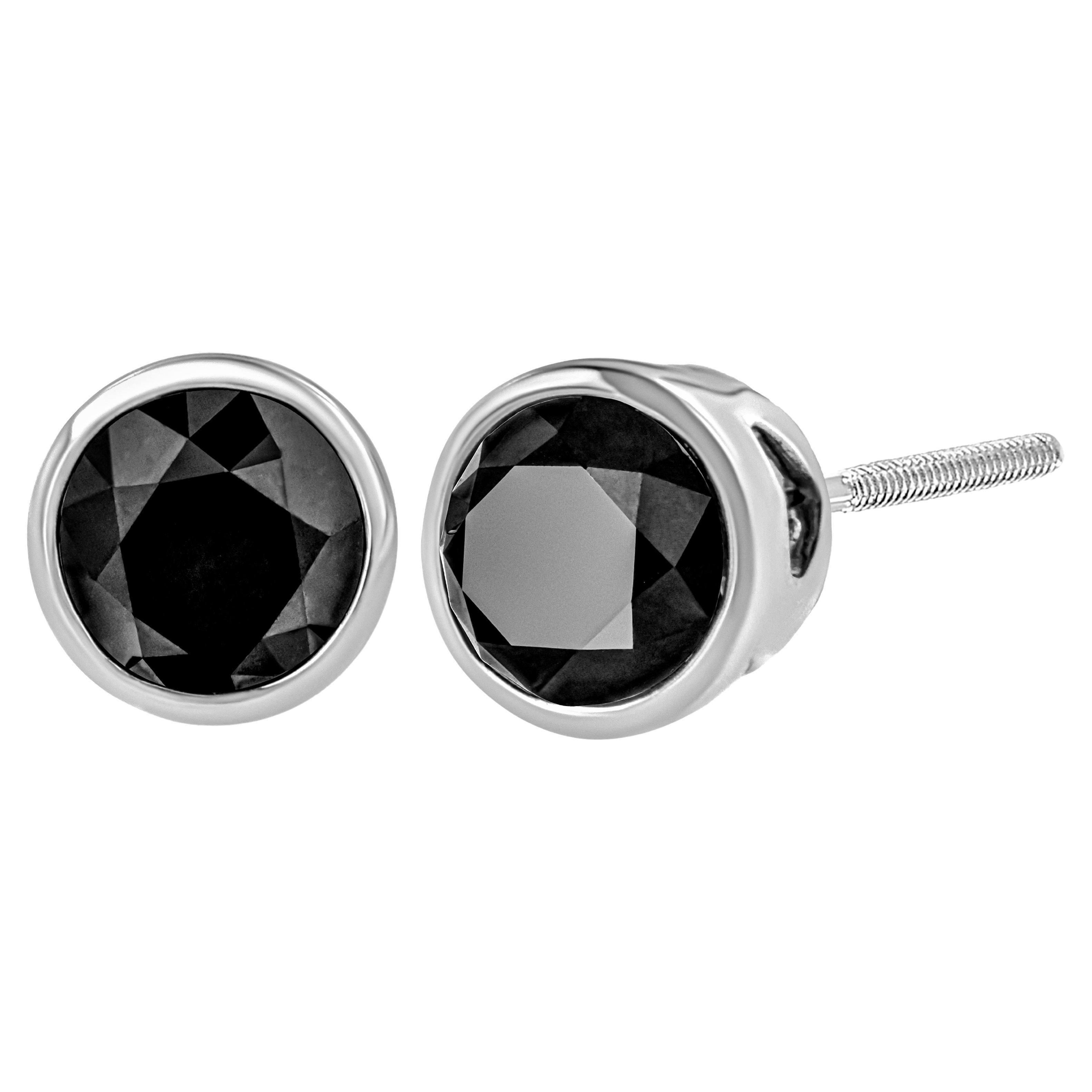 .925 Sterling Silver 4.00 Carat Round-Cut Black Diamond Bezel-Set Stud Earrings For Sale