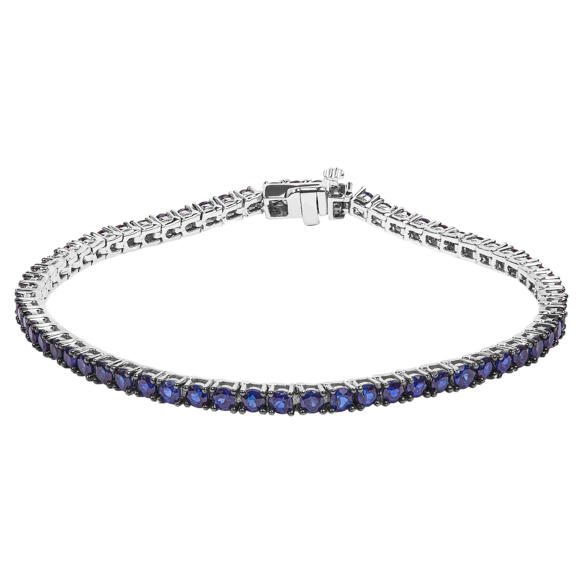 .925 Sterling Silver 5 3/4 Carat Round Created Blue Sapphire Tennis Bracelet For Sale