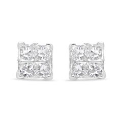 .925 Sterling Silver 5/8 Carat Princess Cut Diamond Quad Composite Stud Earrings