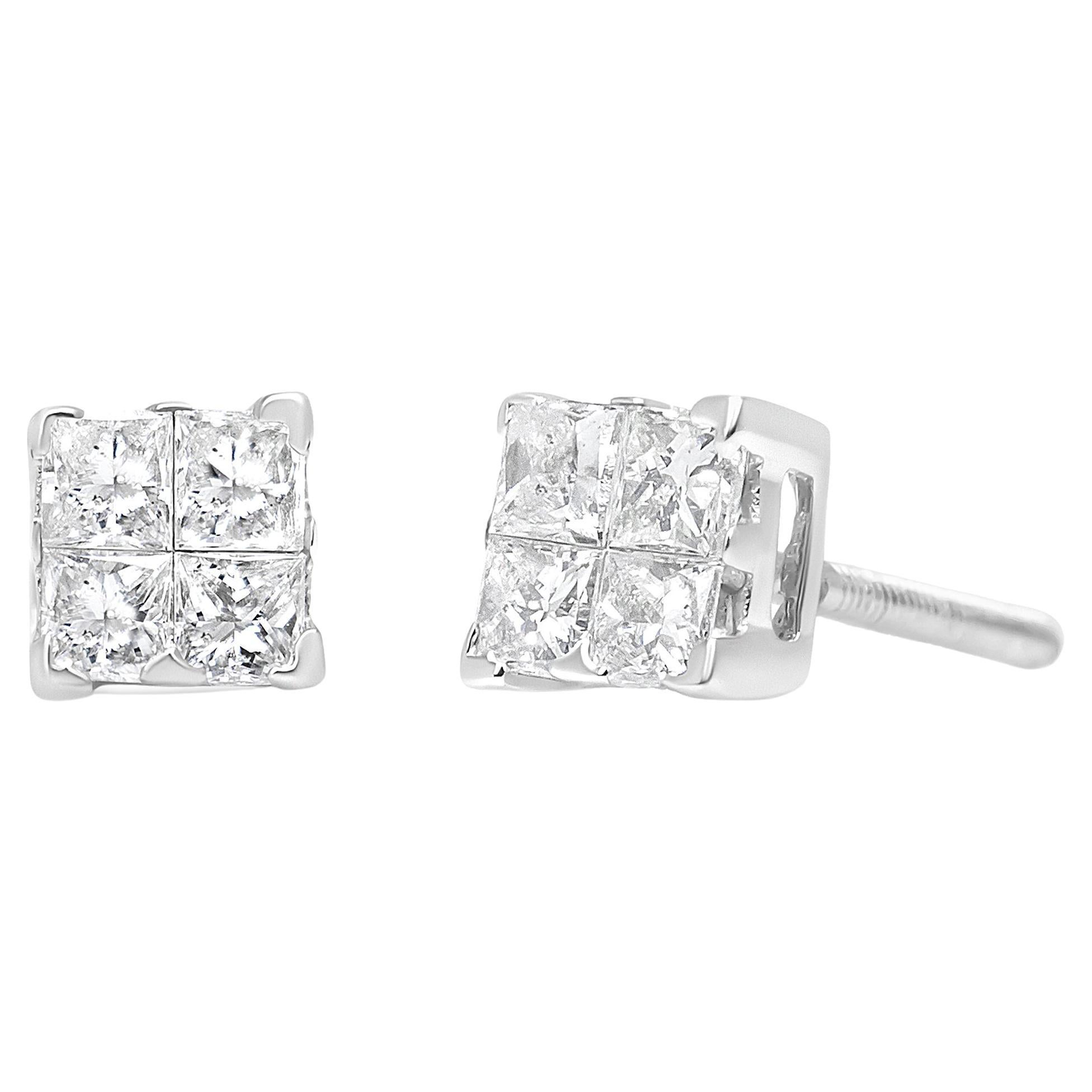Men's Women's 925 Sterling Silver  Diamond Princess Cut Push Back Earrings 