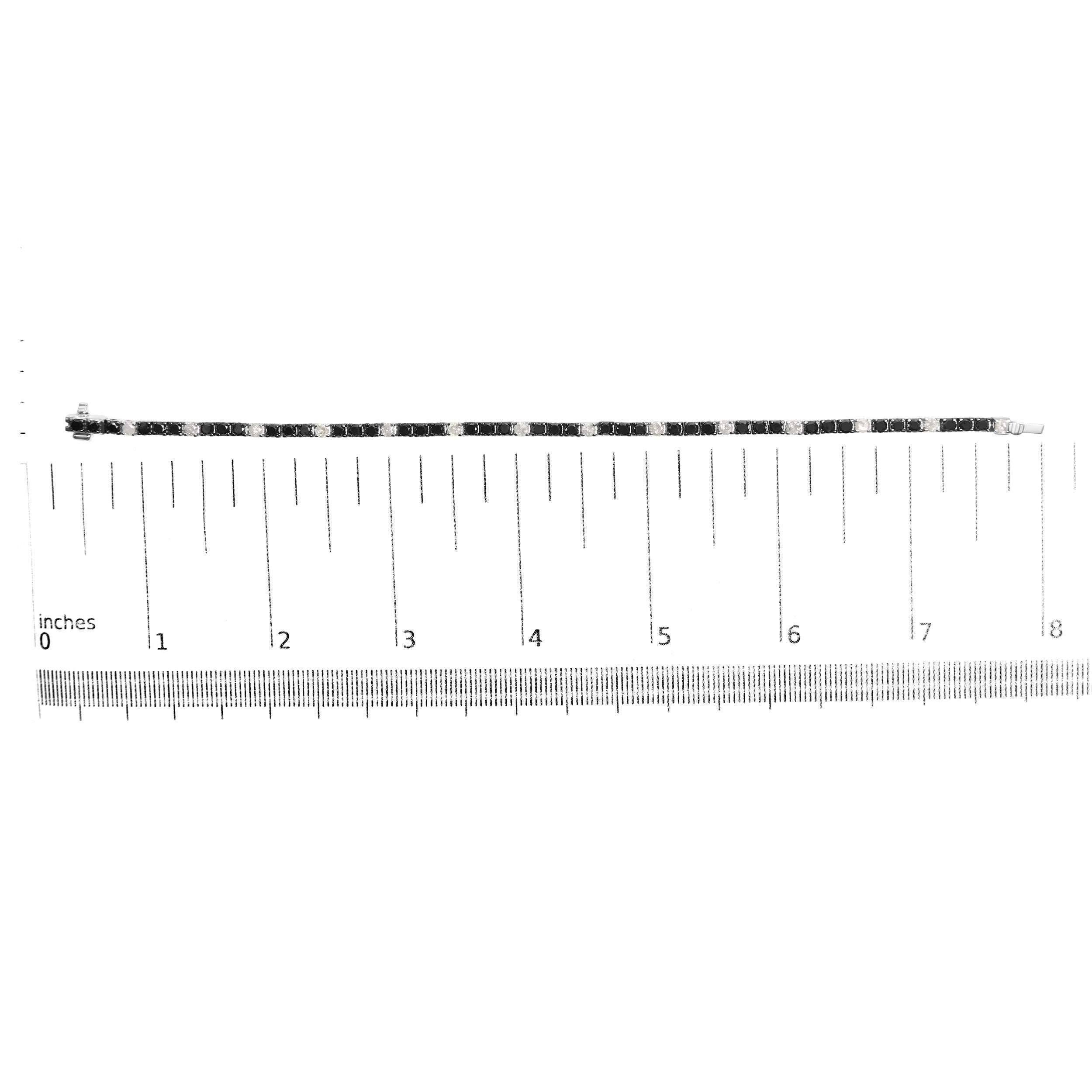 Round Cut .925 Sterling Silver 5.0 Cttw Black and White Diamond Tennis Bracelet For Sale
