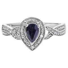 .925 Sterling Silver 6x4mm Pear Sapphire Gemstone with Diamond Ring