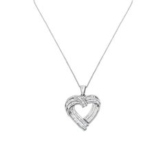 .925 Sterling Silver 7/8 Carat Baguette Diamond Heart Pendant Necklace