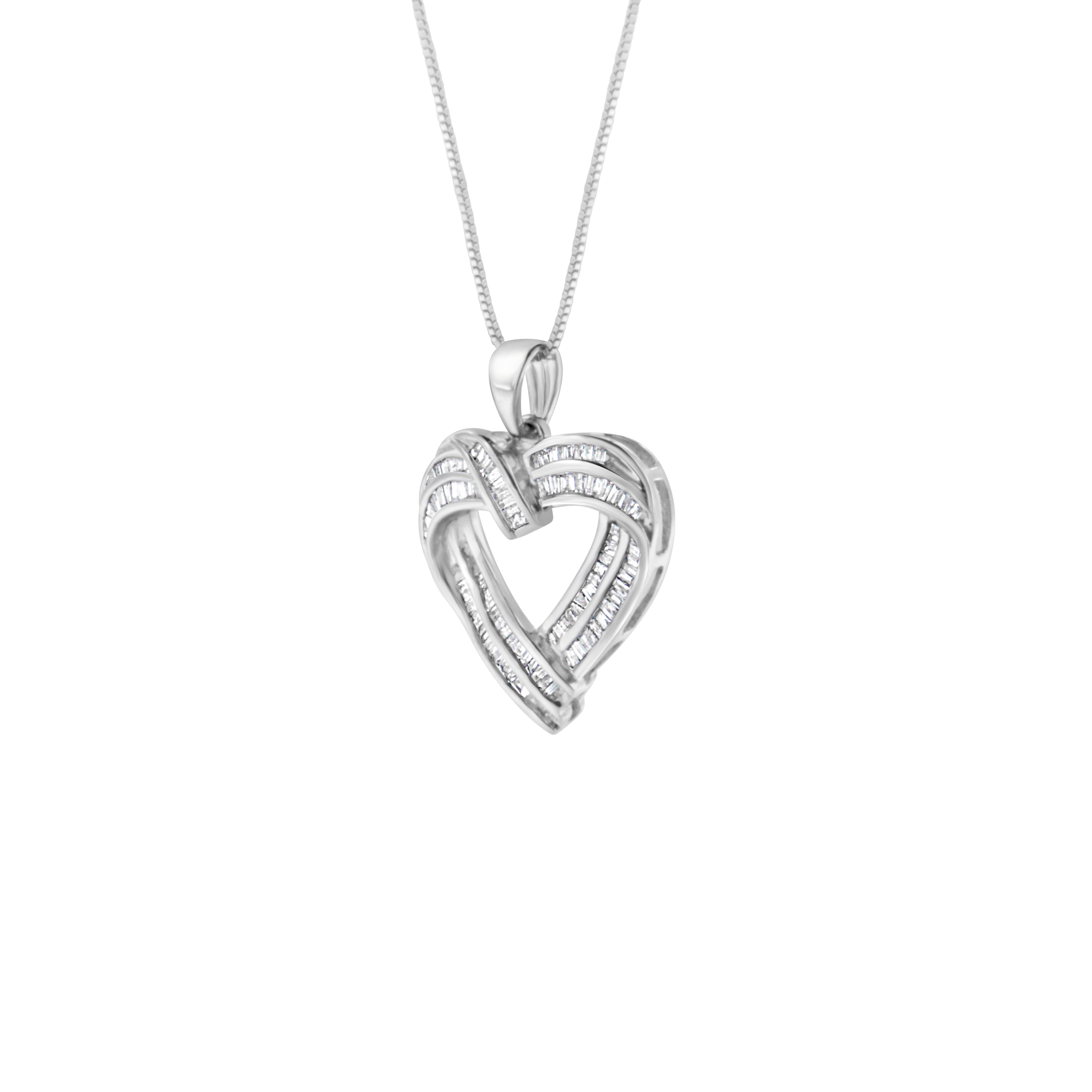 Contemporary .925 Sterling Silver 7/8 Carat Baguette Diamond Heart Pendant Necklace For Sale