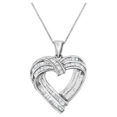 .925 Sterling Silver 7/8 Carat Baguette Diamond Heart Pendant Necklace