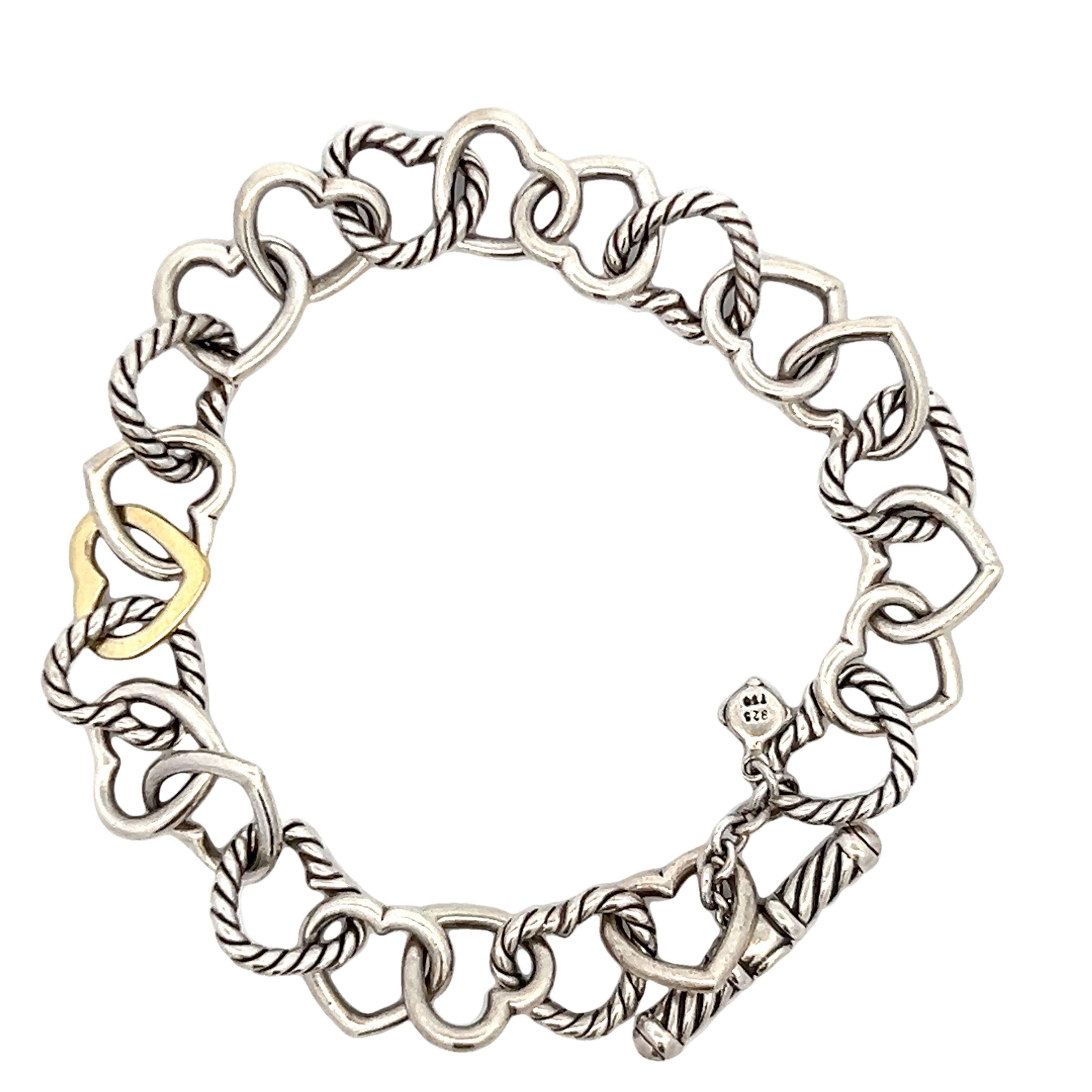 .925 Sterling Silver 750 18K Gold David Yurman Heart Toggle Bracelet 7.5