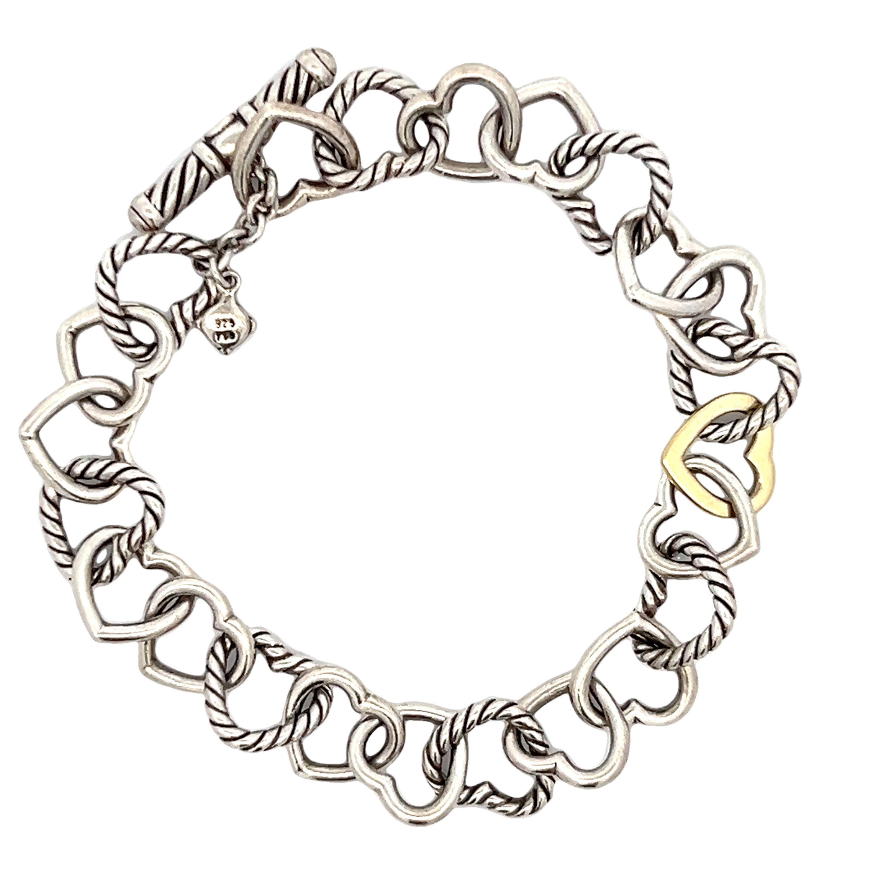 Women's .925 Sterling Silver 750 18K Gold David Yurman Heart Toggle Bracelet 7.5