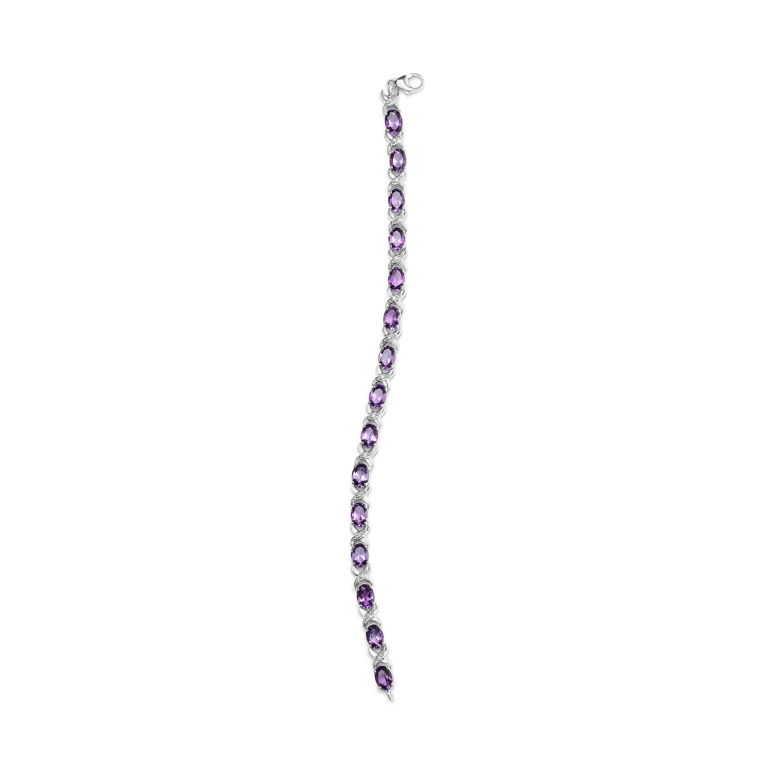 Modern .925 Sterling Silver Oval Amethyst and Diamond Accent X-Link Bracelet For Sale