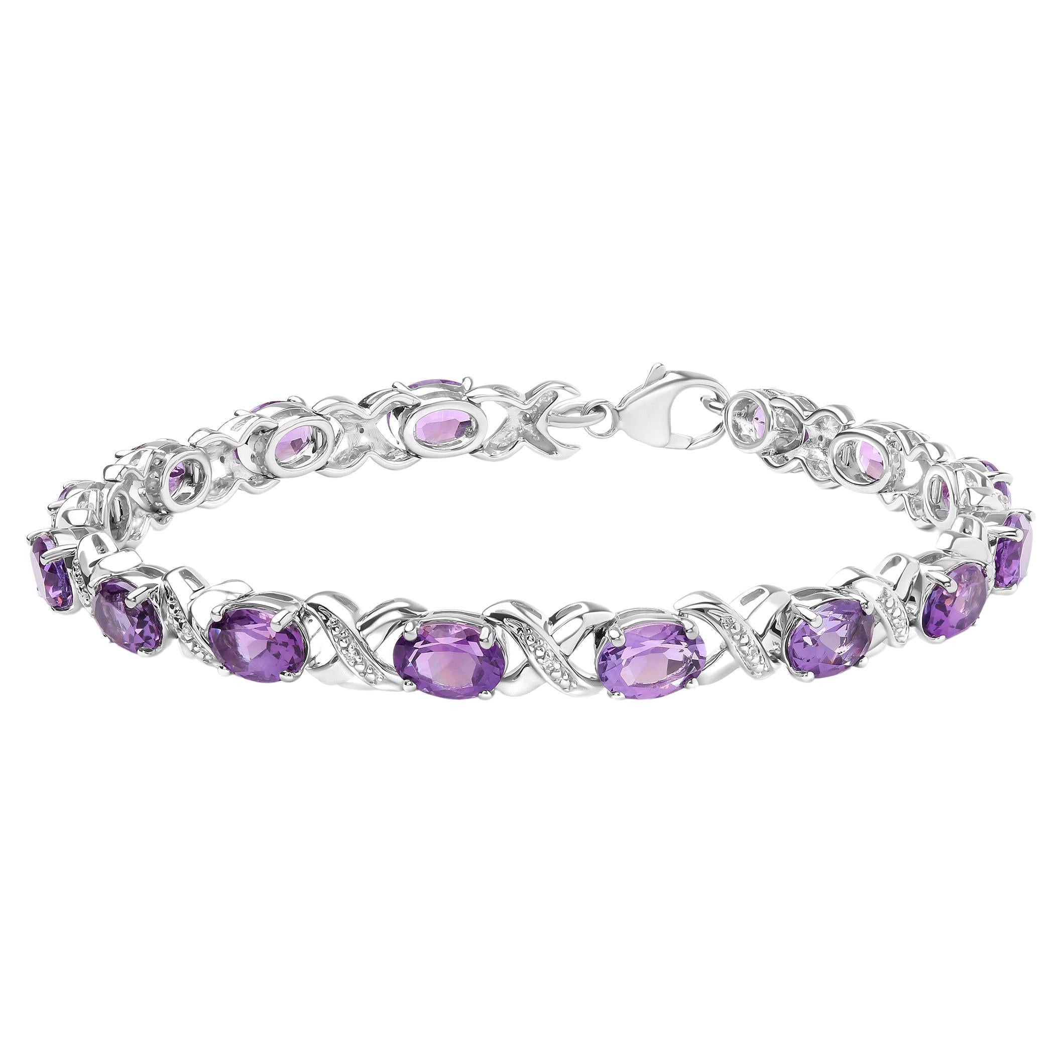 .925 Sterling Silver Oval Amethyst and Diamond Accent X-Link Bracelet For Sale