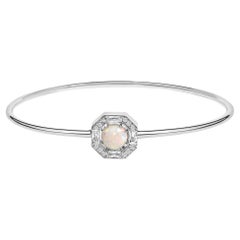 .925 Sterling Silver 7X7MM Created Opal and White Sapphire Halo Bangle Bracelet