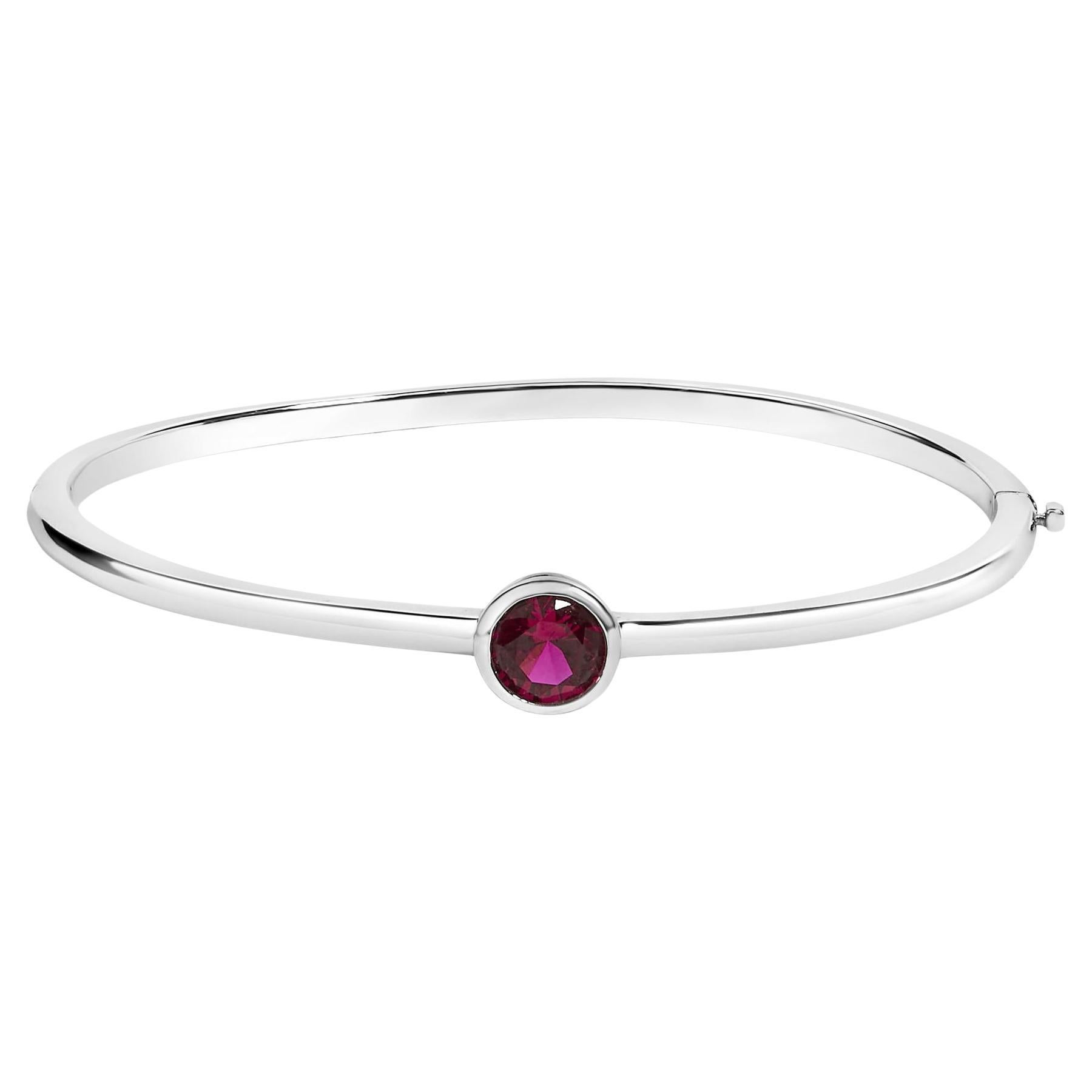 .925 Sterling Silver 7X7MM Created Red Ruby Solitaire Bangle Bracelet For Sale