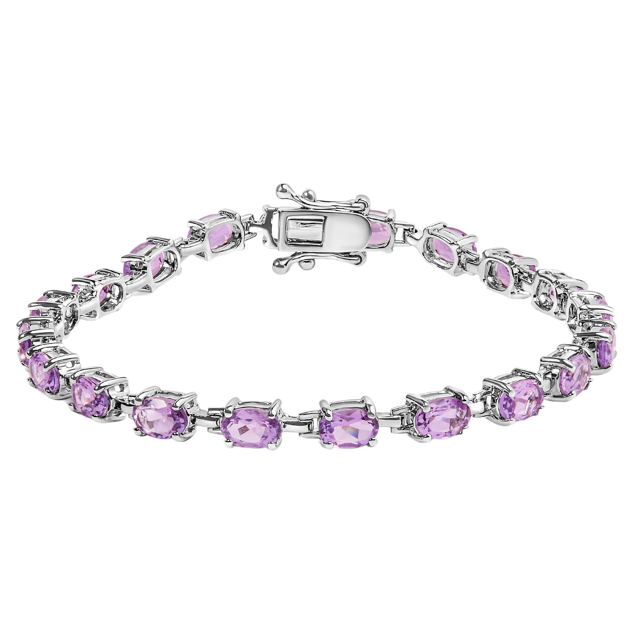 .925 Sterling Silver 8 1/2 Carat Oval Shaped Purple Amethyst Link Bracelet