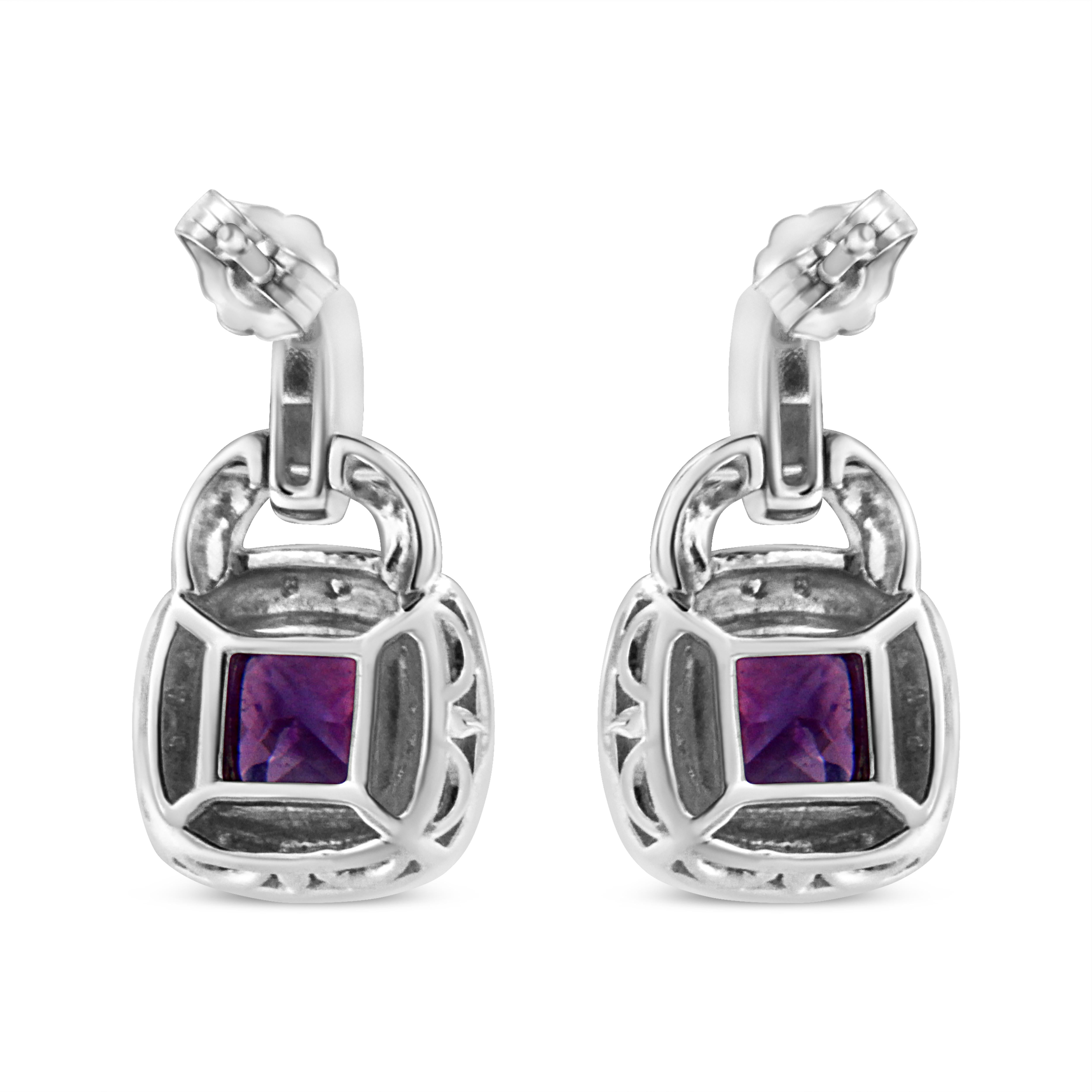 Round Cut .925 Sterling Silver Amethyst & Diamond Halo with Push Back Dangle Earrings