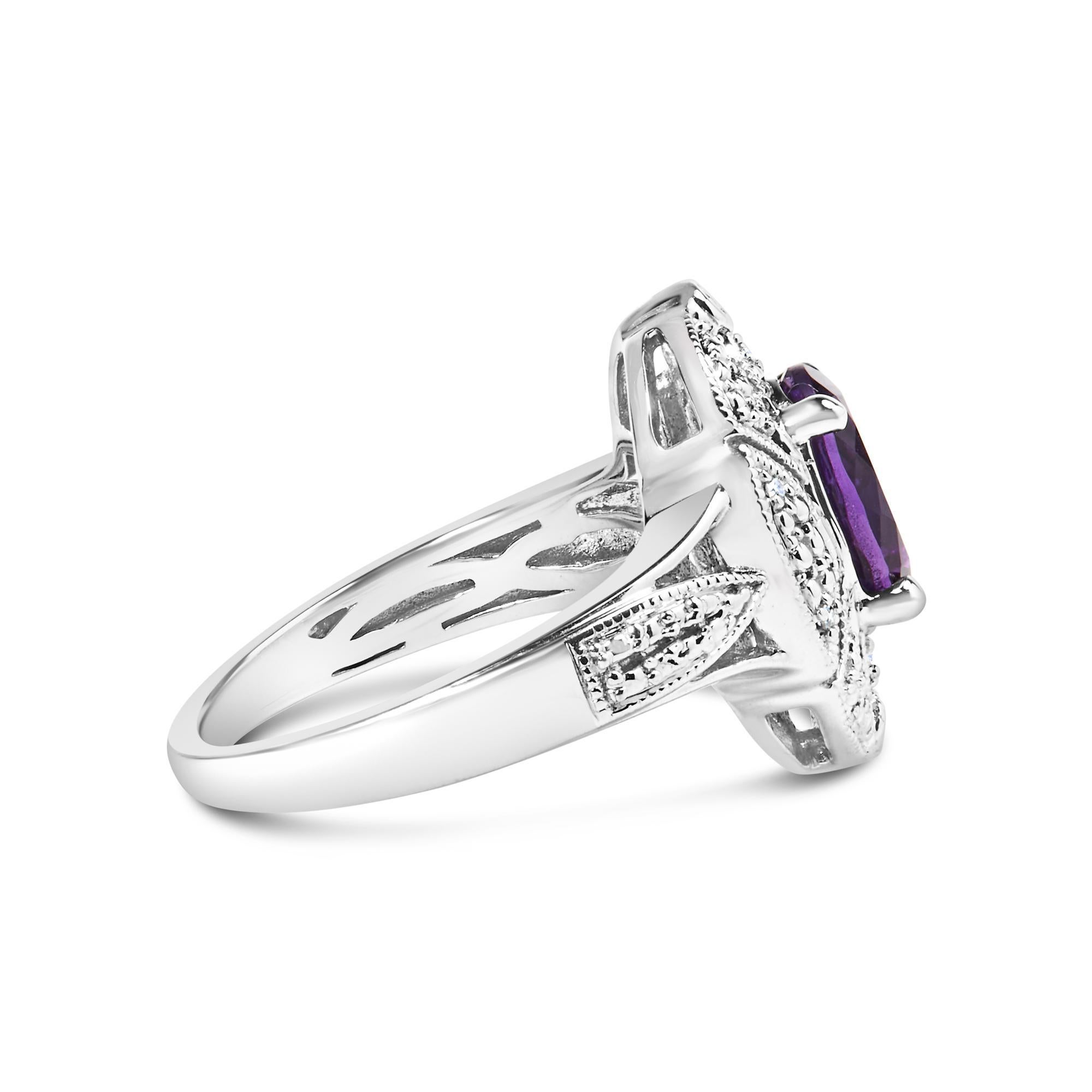 Envelop your finger in the splendor of the Art Deco era with this sterling silver cocktail ring, where vintage charm meets contemporary allure. Central to its grandeur is a 9x7 mm oval amethyst, its vibrant purple hue a testament to both nature's