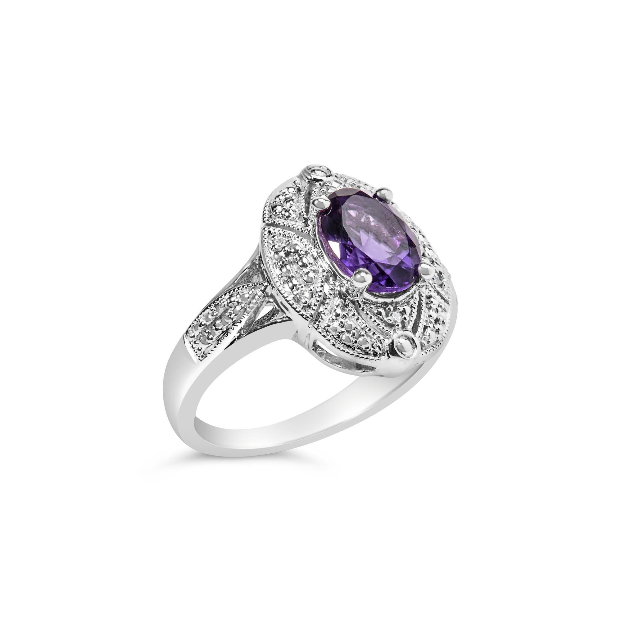 Modern .925 Sterling Silver 9x7mm Oval Purple Amethyst and Diamond Cocktail Ring For Sale