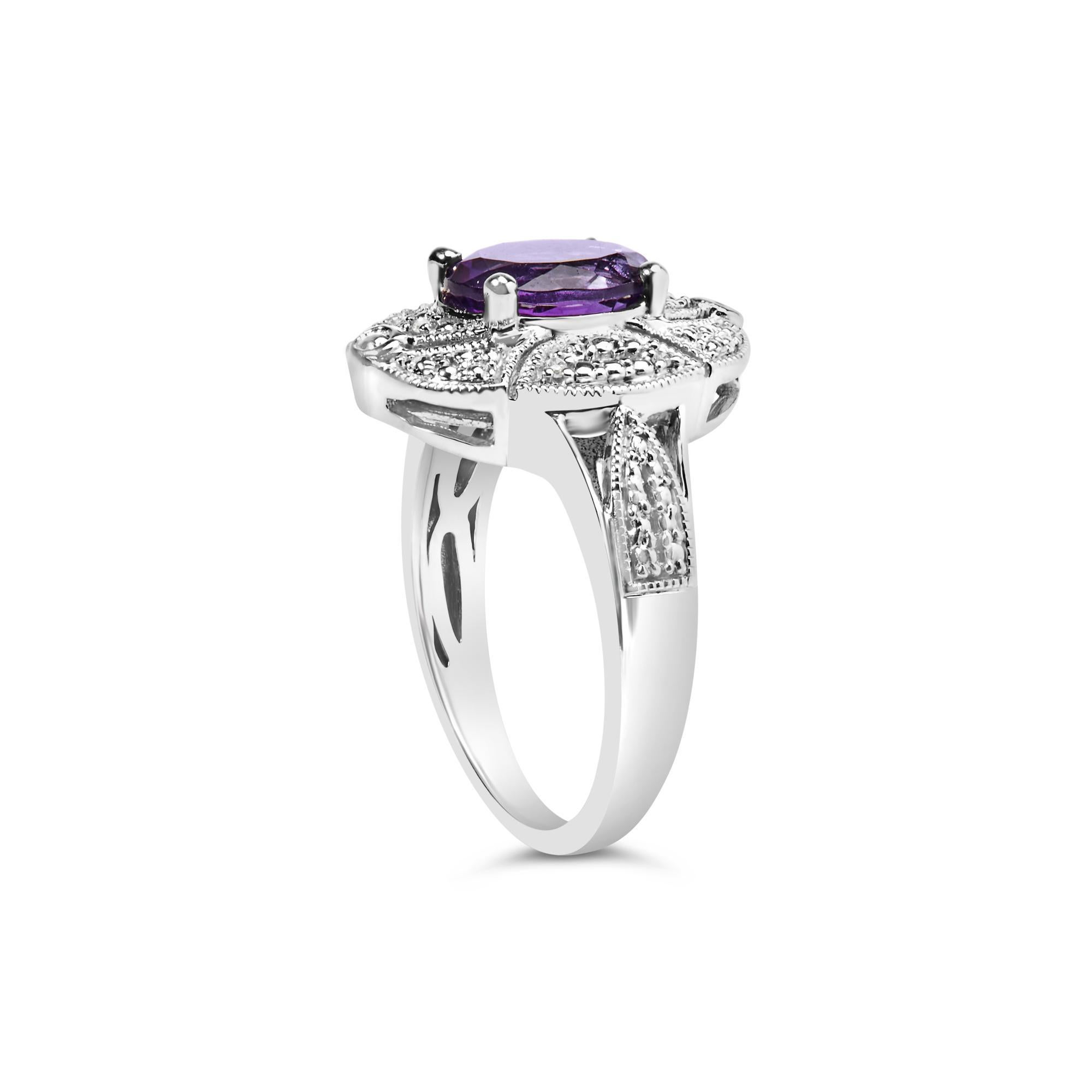 Oval Cut .925 Sterling Silver 9x7mm Oval Purple Amethyst and Diamond Cocktail Ring For Sale