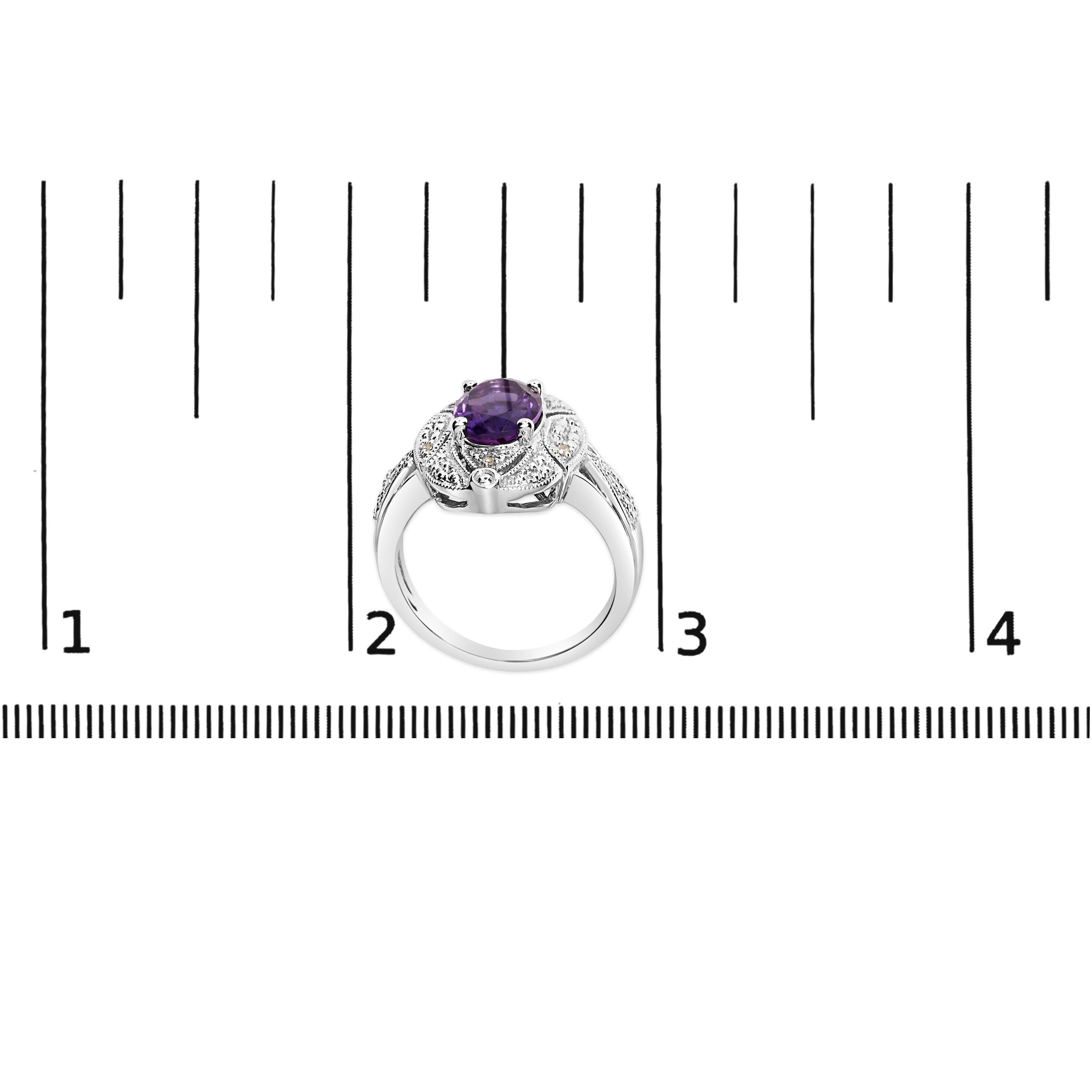 Women's .925 Sterling Silver 9x7mm Oval Purple Amethyst and Diamond Cocktail Ring For Sale