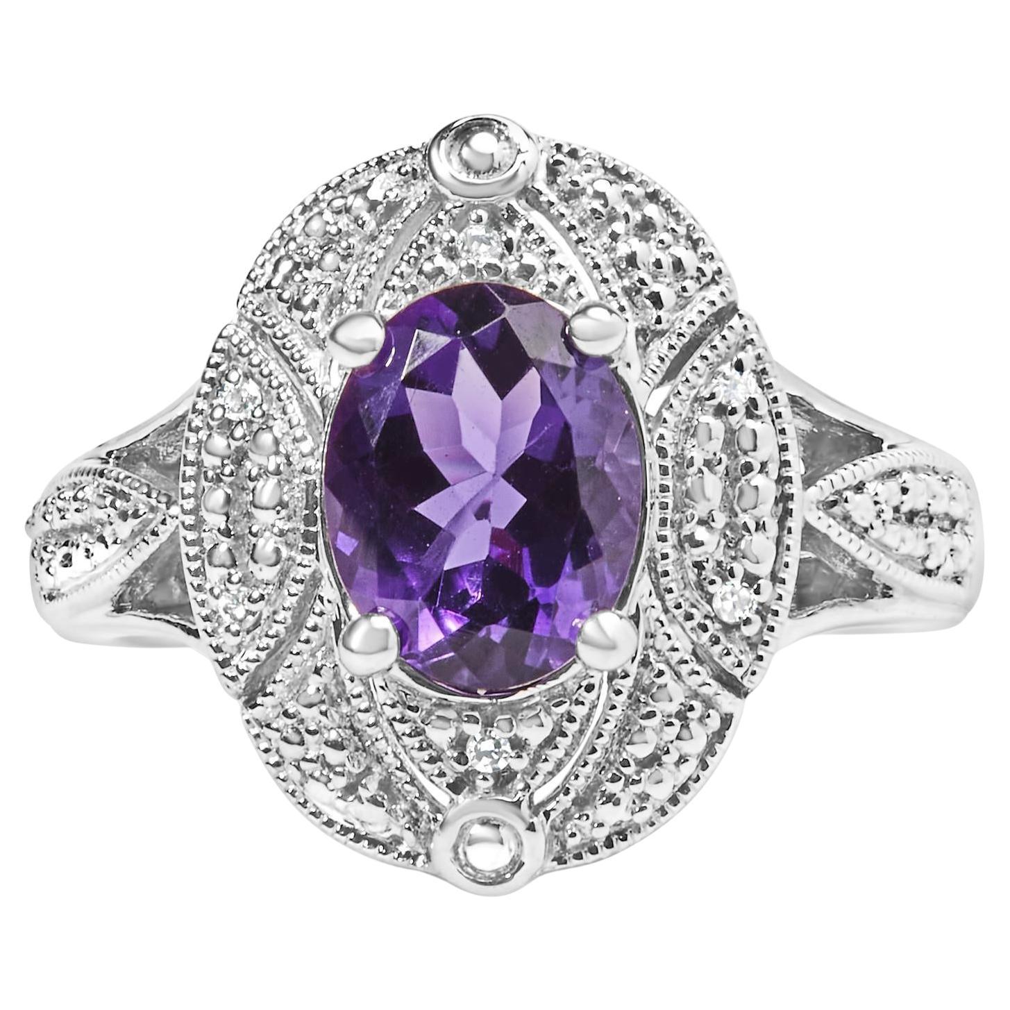 .925 Sterling Silver 9x7mm Oval Purple Amethyst and Diamond Style Cocktail Ring