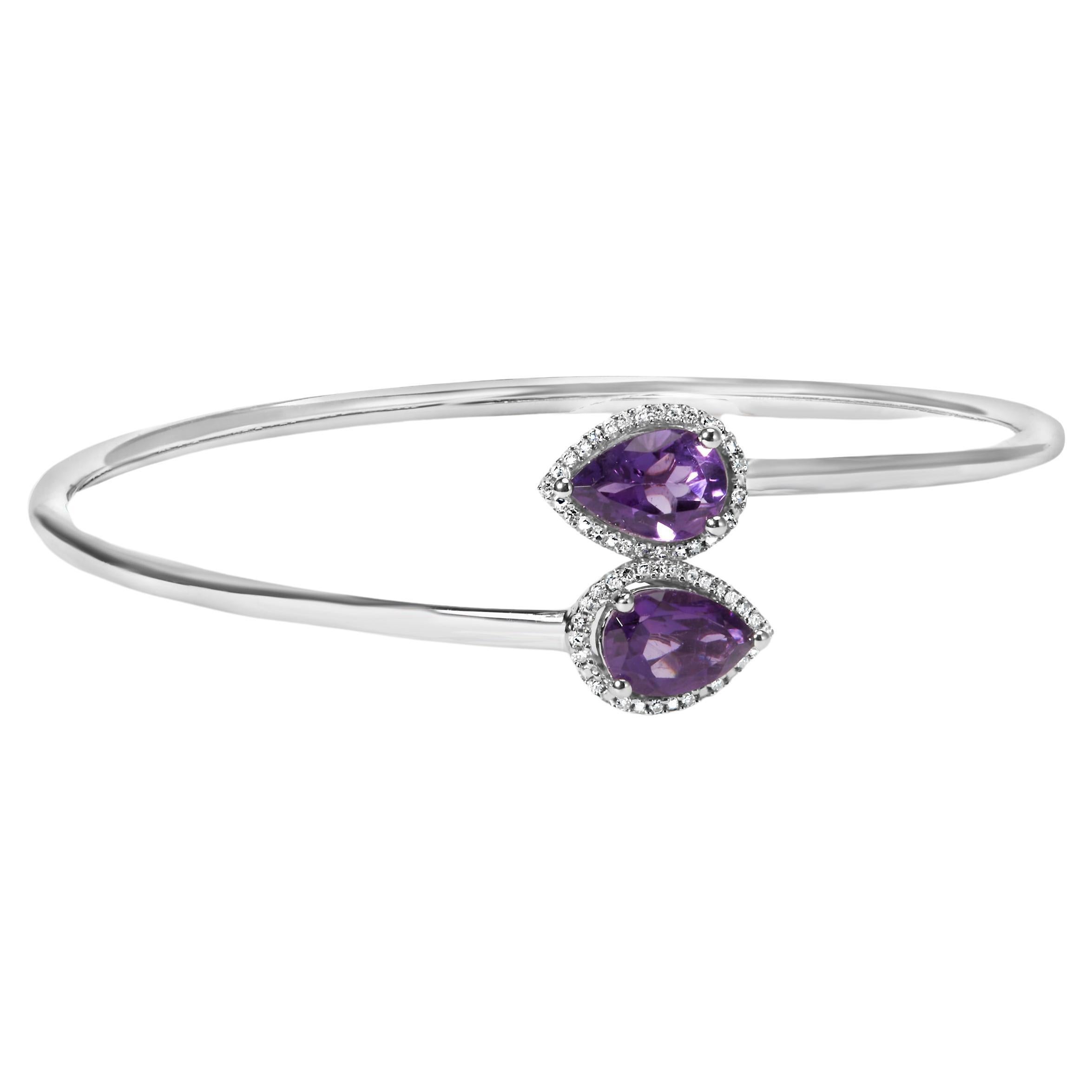 .925 Sterling Silver Amethyst and Diamond Accent Halo Bypass Bangle Bracelet For Sale