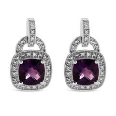 .925 Sterling Silver Amethyst & Diamond Halo with Push Back Dangle Earrings