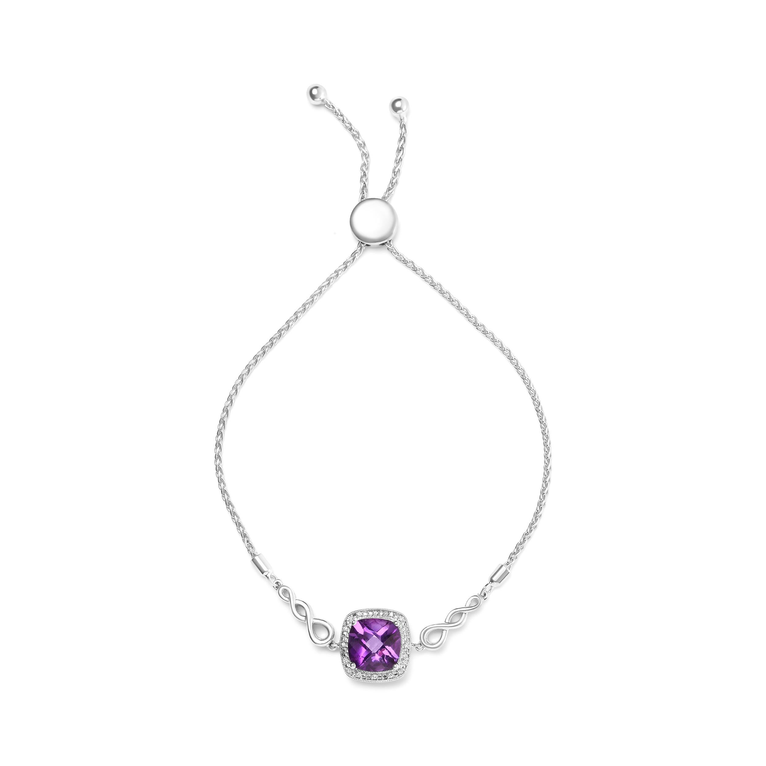 Indulge in the luxury of this exquisite lariat bracelet that captures the essence of elegance and sophistication. The centerpiece of this stunning bracelet is a gorgeous 10mm cushion-cut amethyst gemstone that adds a pop of regal purple color to