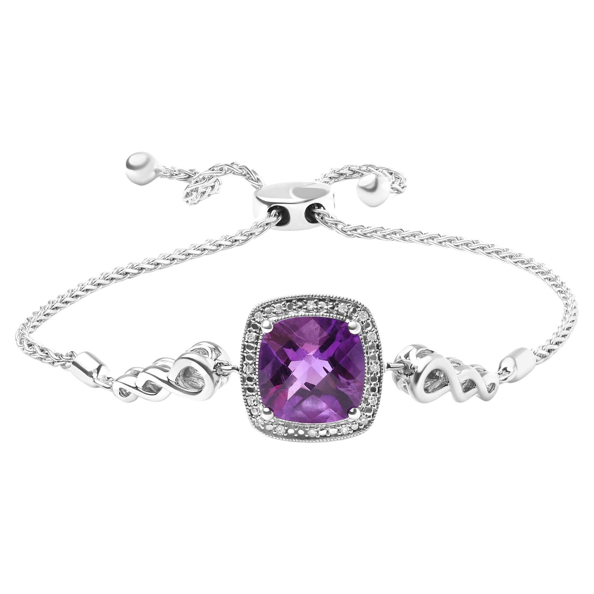 .925 Sterling Silver Amethyst Gemstone and Diamond Accent Lariat Bolo Bracelet For Sale
