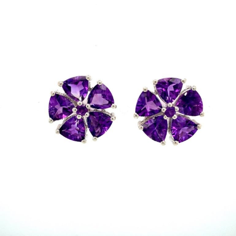 Mixed Cut 925 Sterling Silver Amethyst Flower Pushback Stud Earrings Gift for Her For Sale