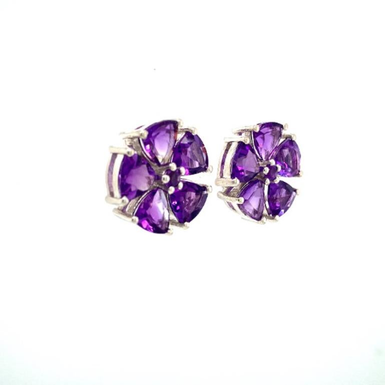 925 Sterling Silver Amethyst Flower Pushback Stud Earrings Gift for Her In New Condition For Sale In Houston, TX