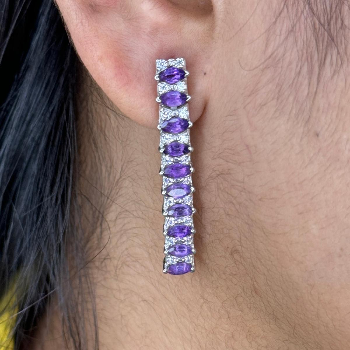 Amethyst Halo Line Shaped Dangle Earring for Engagement in sterling silver to make a statement with your look. You shall need dangle earrings to make a statement with your look. These earrings create a sparkling, luxurious look featuring, marquise
