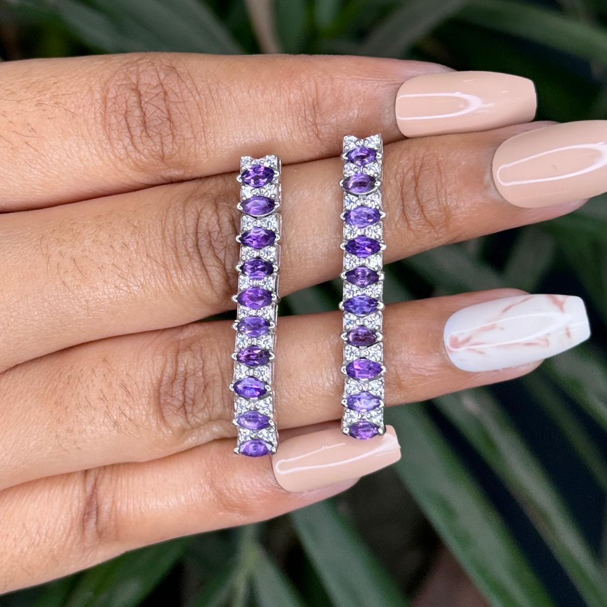 Marquise Cut 925 Sterling Silver Amethyst Halo Line Shaped Dangle Earring for Wedding Gift For Sale