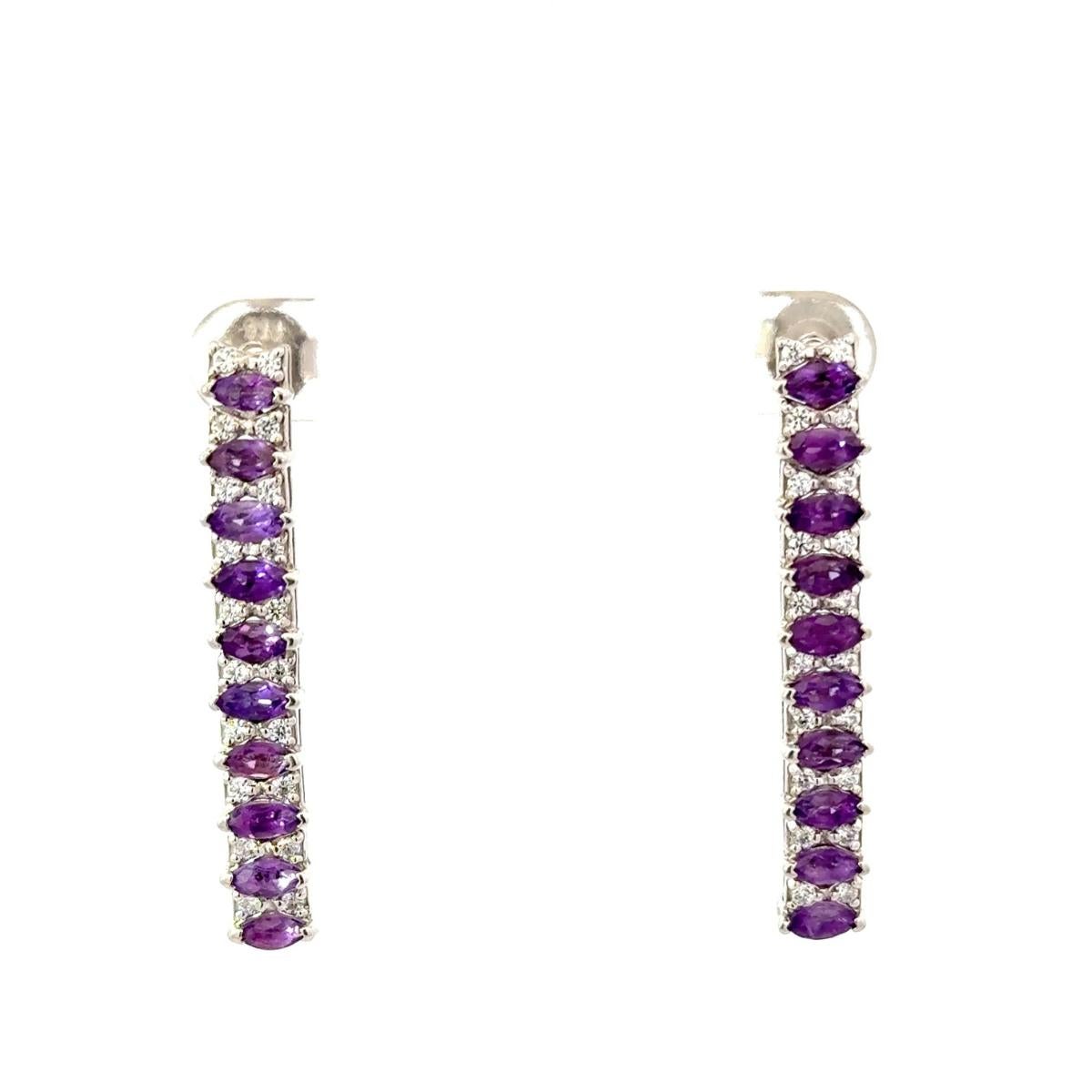 925 Sterling Silver Amethyst Halo Line Shaped Dangle Earring for Wedding Gift For Sale 2