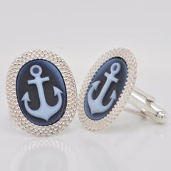 925 Sterling Silver Anchor Agate Cameo Carving Cufflinks