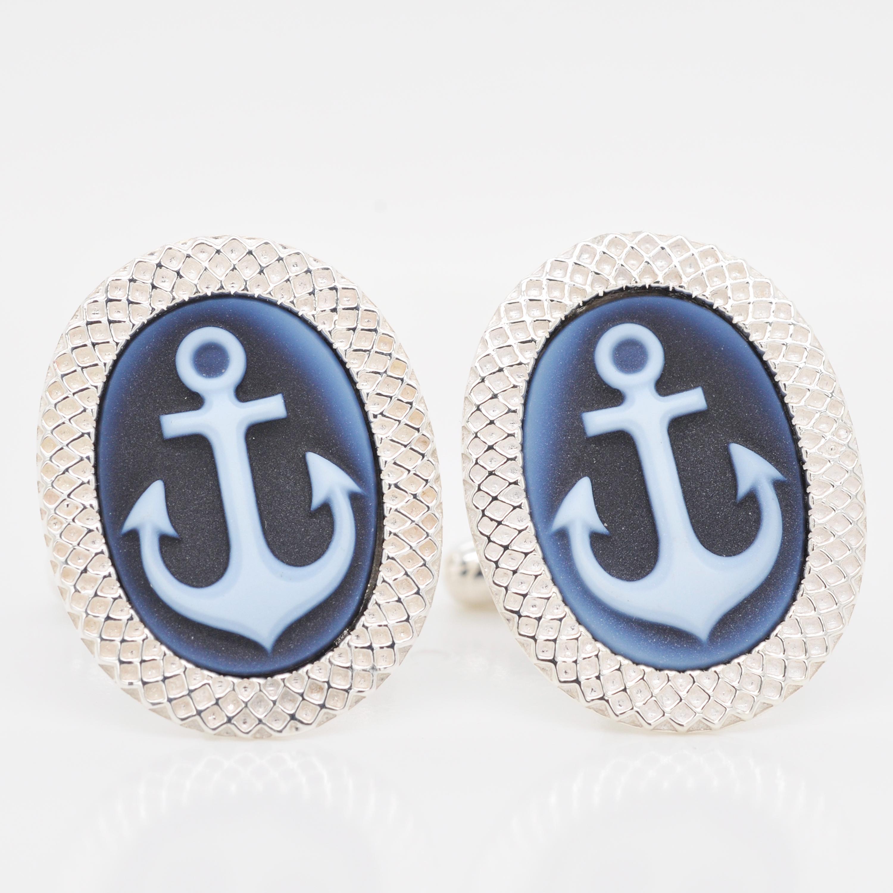 Contemporary 925 Sterling Silver Anchor Agate Cameo Carving Cufflinks For Sale