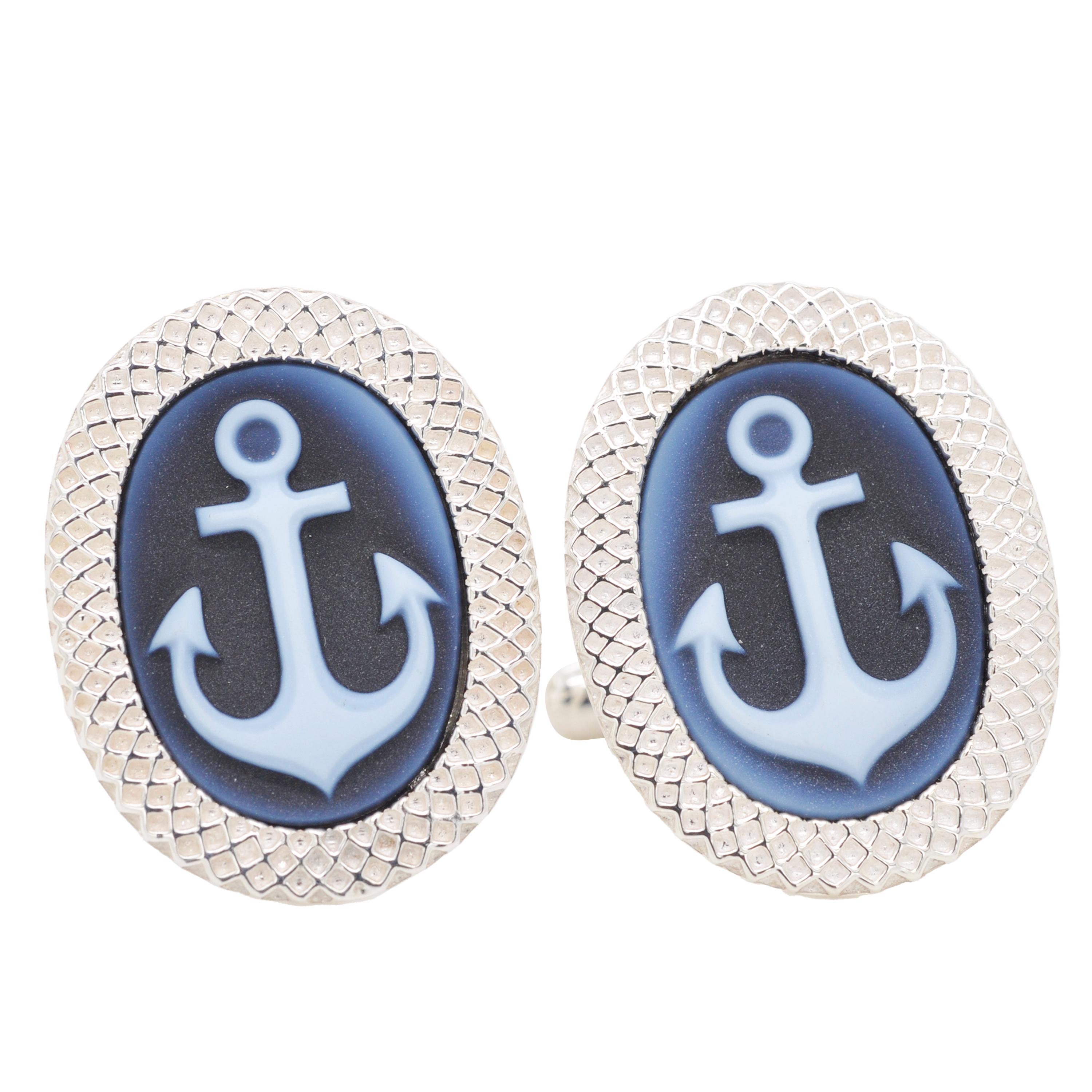 925 Sterling Silver Anchor Agate Cameo Carving Cufflinks For Sale