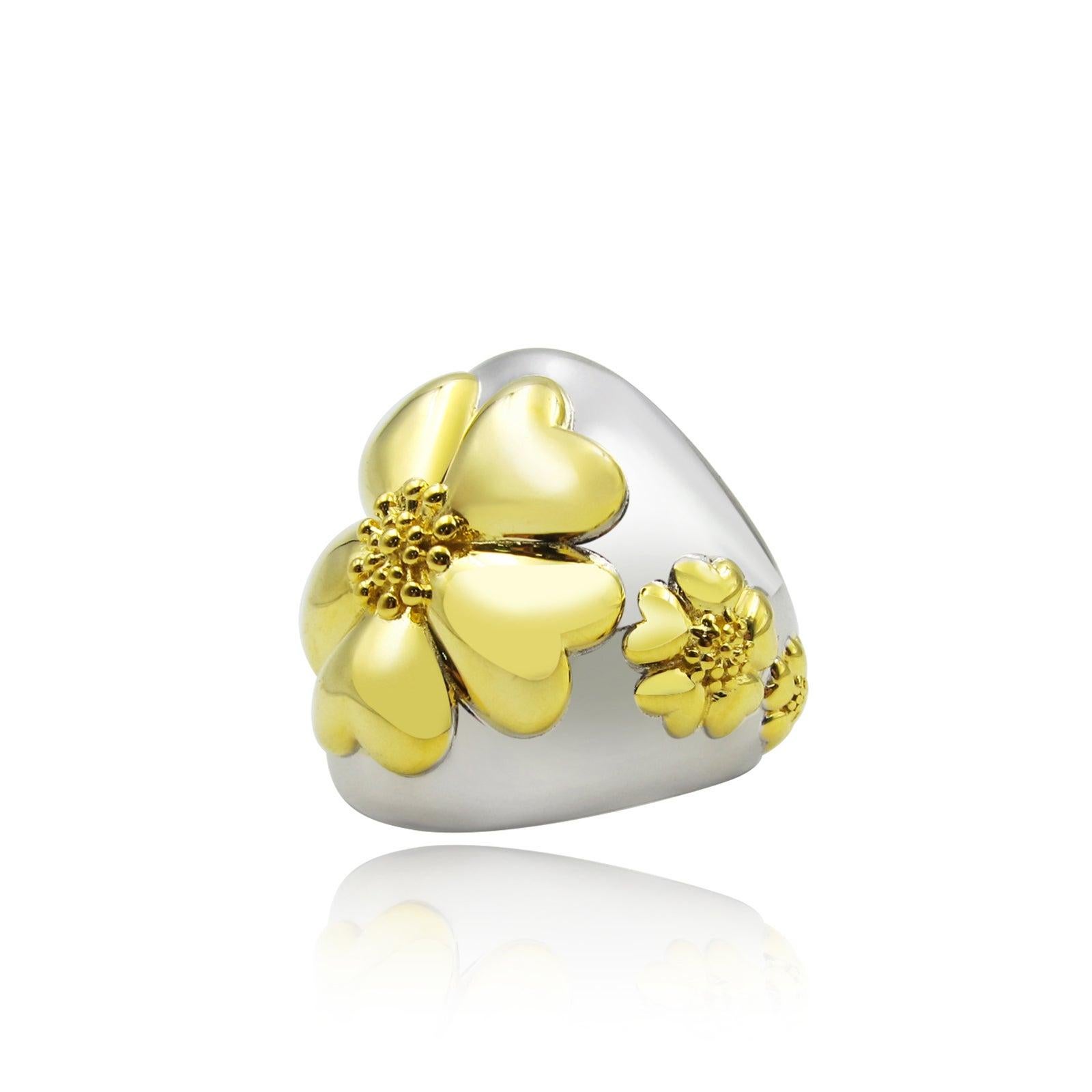 For Sale:  .925 Sterling Silver and 24k Gold Vermeil Blossom Statement Dome Ring Two-Tone 2