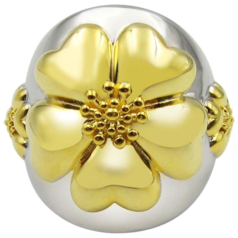 For Sale:  .925 Sterling Silver and 24k Gold Vermeil Blossom Statement Dome Ring Two-Tone
