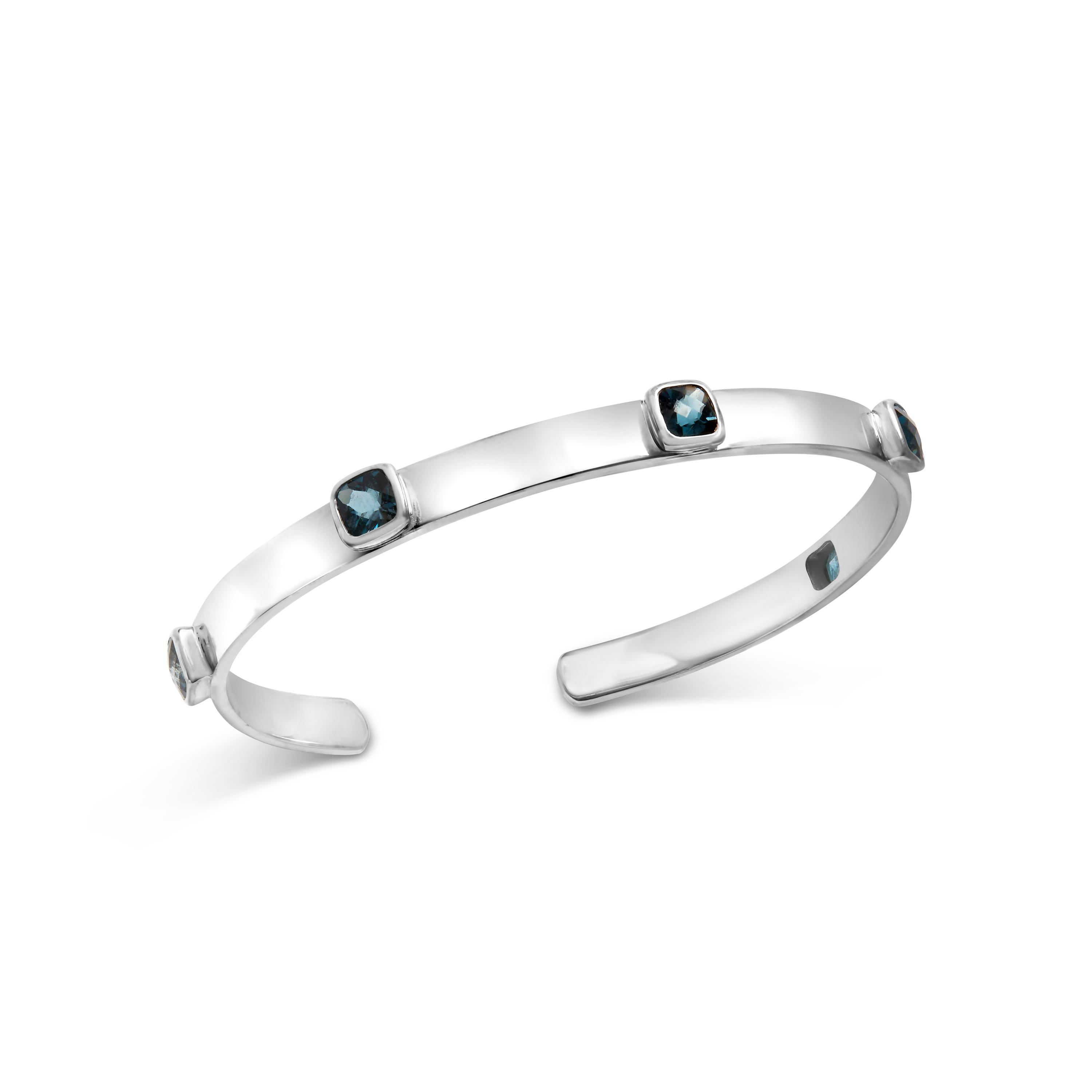 Contemporary .925 Sterling Silver and Bezel Set Checkerboard Cushion Cut Blue Topaz Bangle