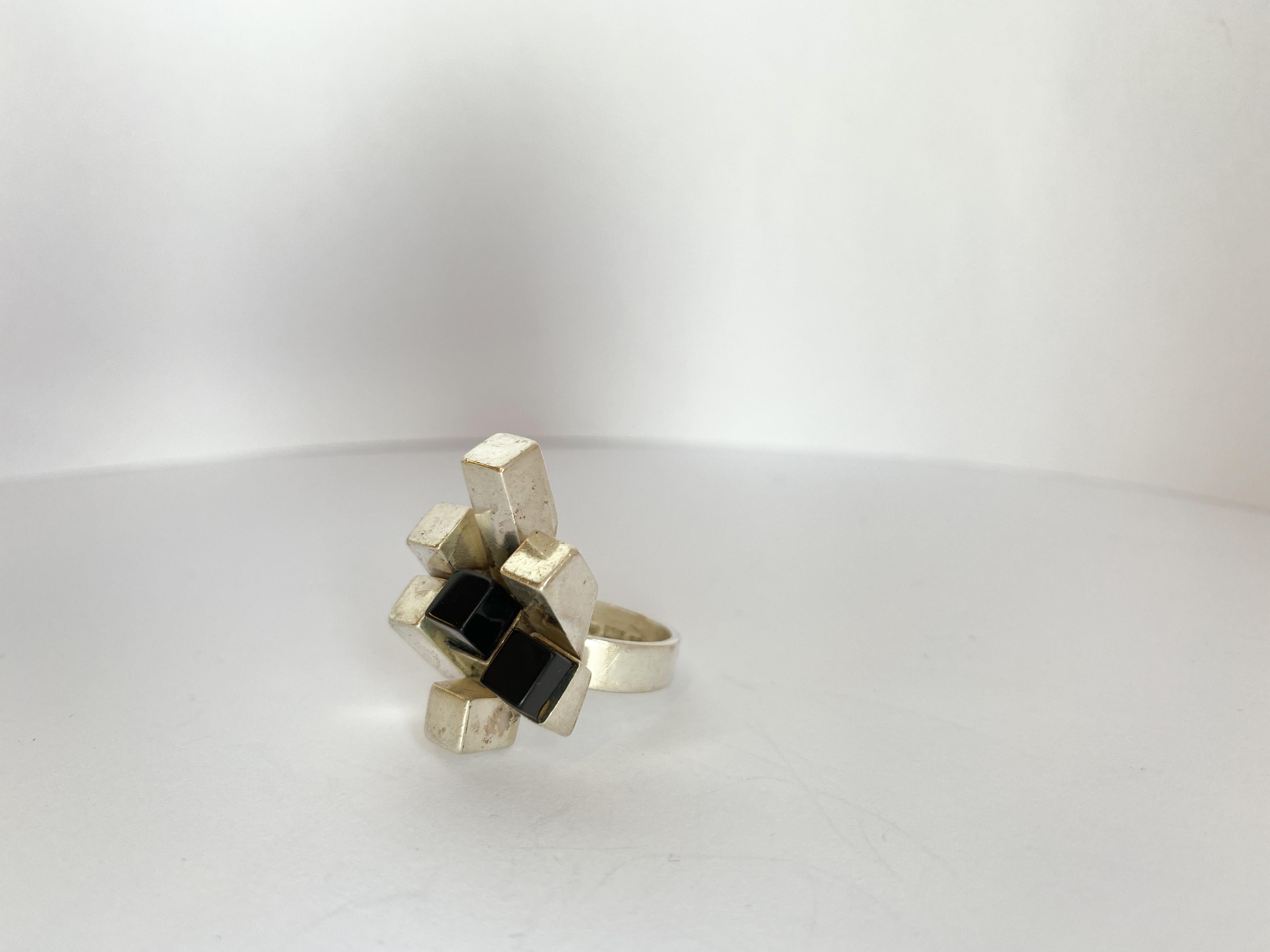 Square Cut 925 Sterling Silver and Onyx Stone Ring Kaunis Koru Oy Helsinki Finland For Sale
