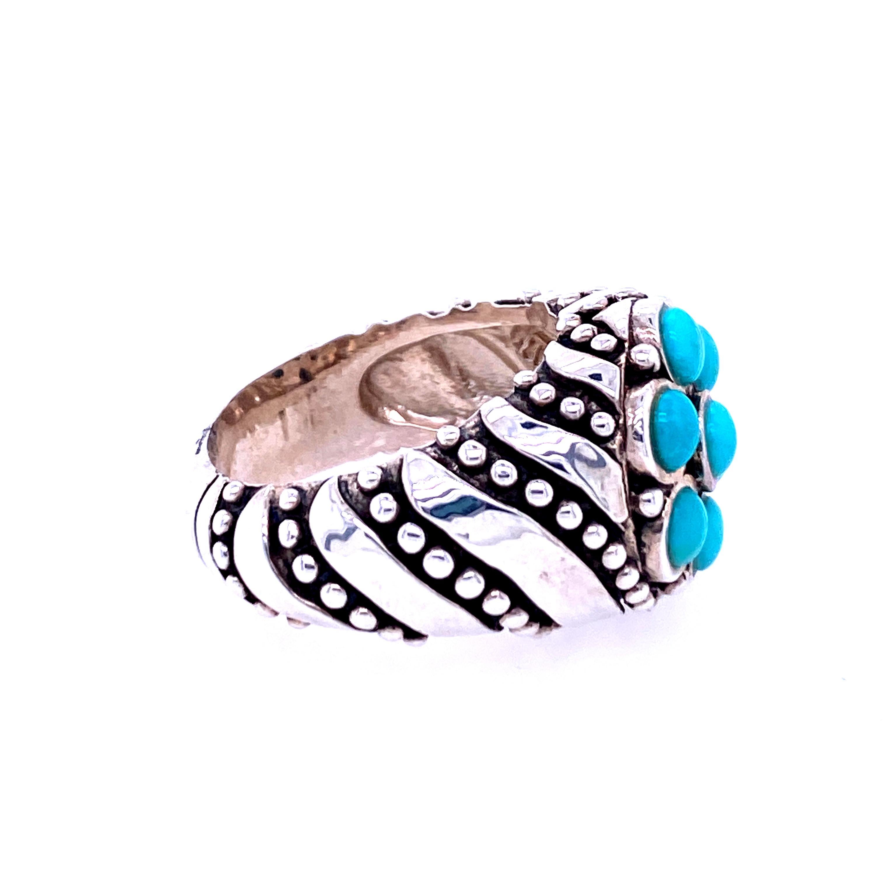 One sterling silver (stamped 925)  ring, featuring seven round 3.8mm turquoise stones.  The ring measures 15.8mm wide and the shank tapers to 6.5mm at the base.  The ring is a finger size 8.75.