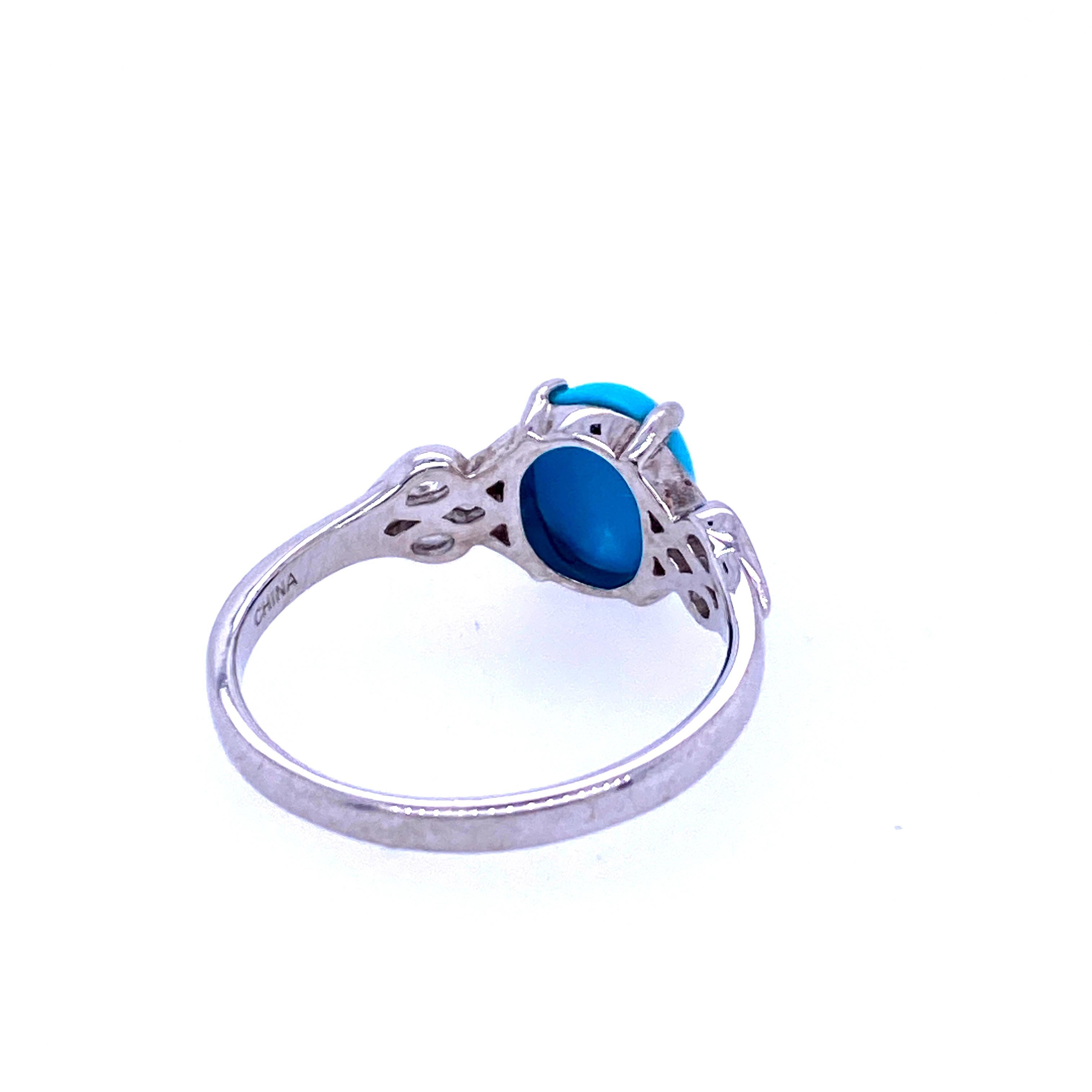 One sterling silver (stamped 925) ring prong set with one 9.86 x 7.78mm oval turquoise stone.  The shank measures 2.5mm near the top of the ring and tapers to 2.15 at the base.  The ring is a finger size 9.  