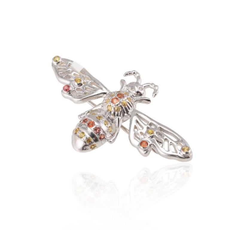 Round Cut .925 Sterling Silver Multi Gemstone Studded Bee Brooch For Sale