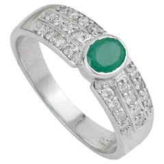 925 Sterling Silver Bezel Set Oval Emerald & Diamond Pavé Band Ring by Silvorra